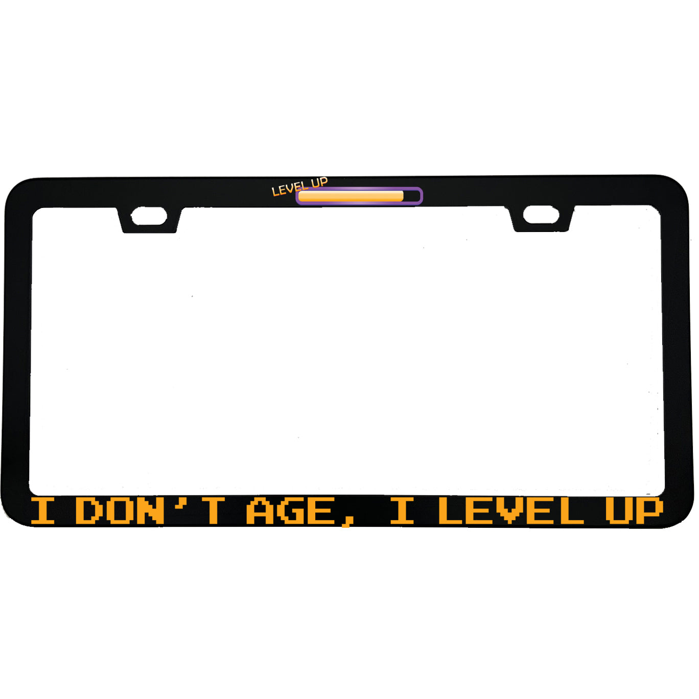 "I Dont Age I Level Up" gaming aluminum license plate frame — front view