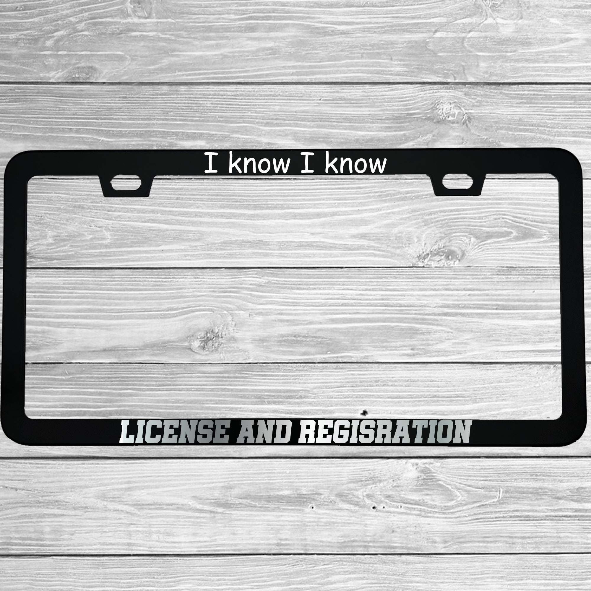 MCMP Customs aluminum license plate frame — features and quality detail infographic