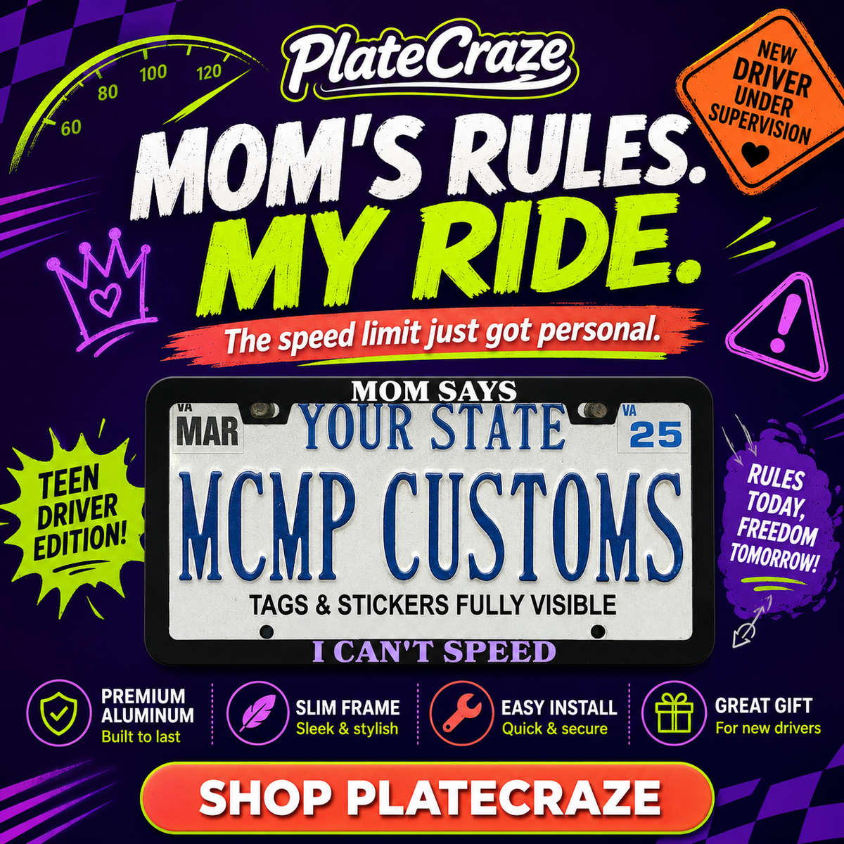 Mom Says I Can't Speed License Plate Frame, Funny Teen Driver Car Frame, New Driver Gift