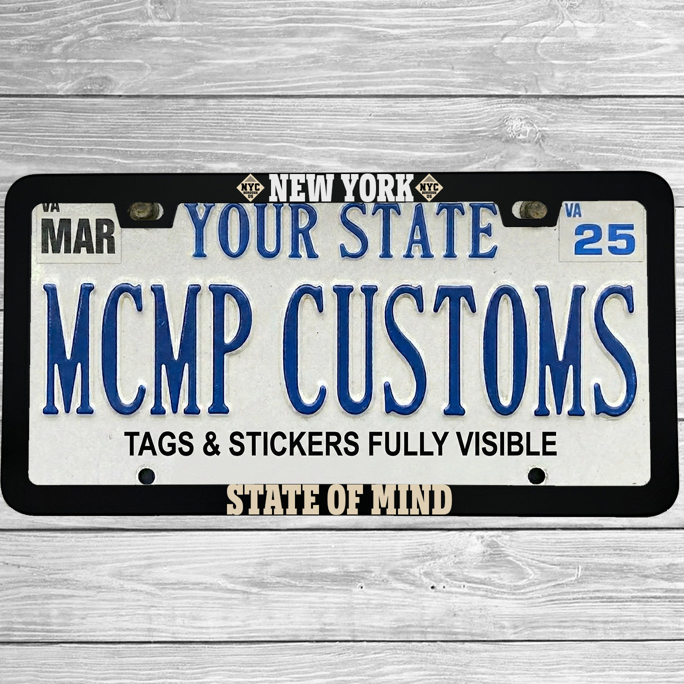 "New York State of Mind" license plate frame shown on vehicle — lifestyle photo