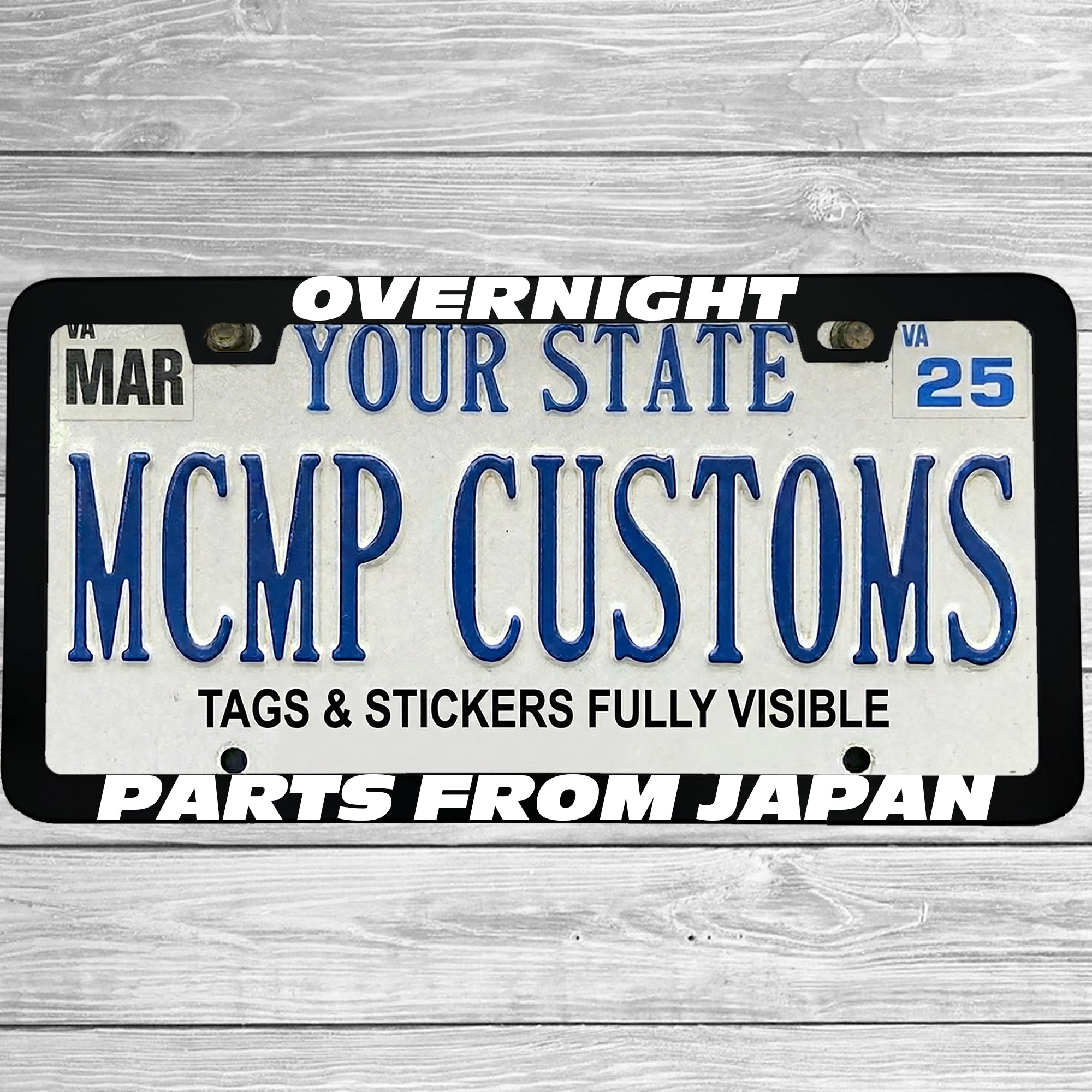 "Overnight Parts From Japan" license plate frame shown on vehicle — lifestyle photo