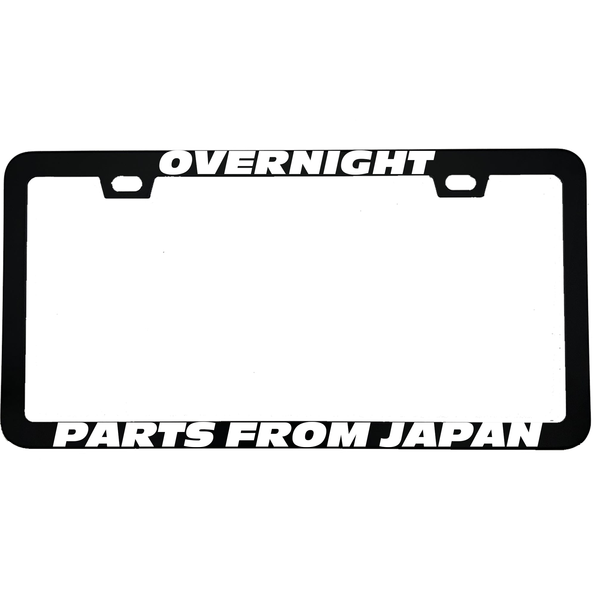 "Overnight Parts From Japan" racing fan aluminum license plate frame — front view