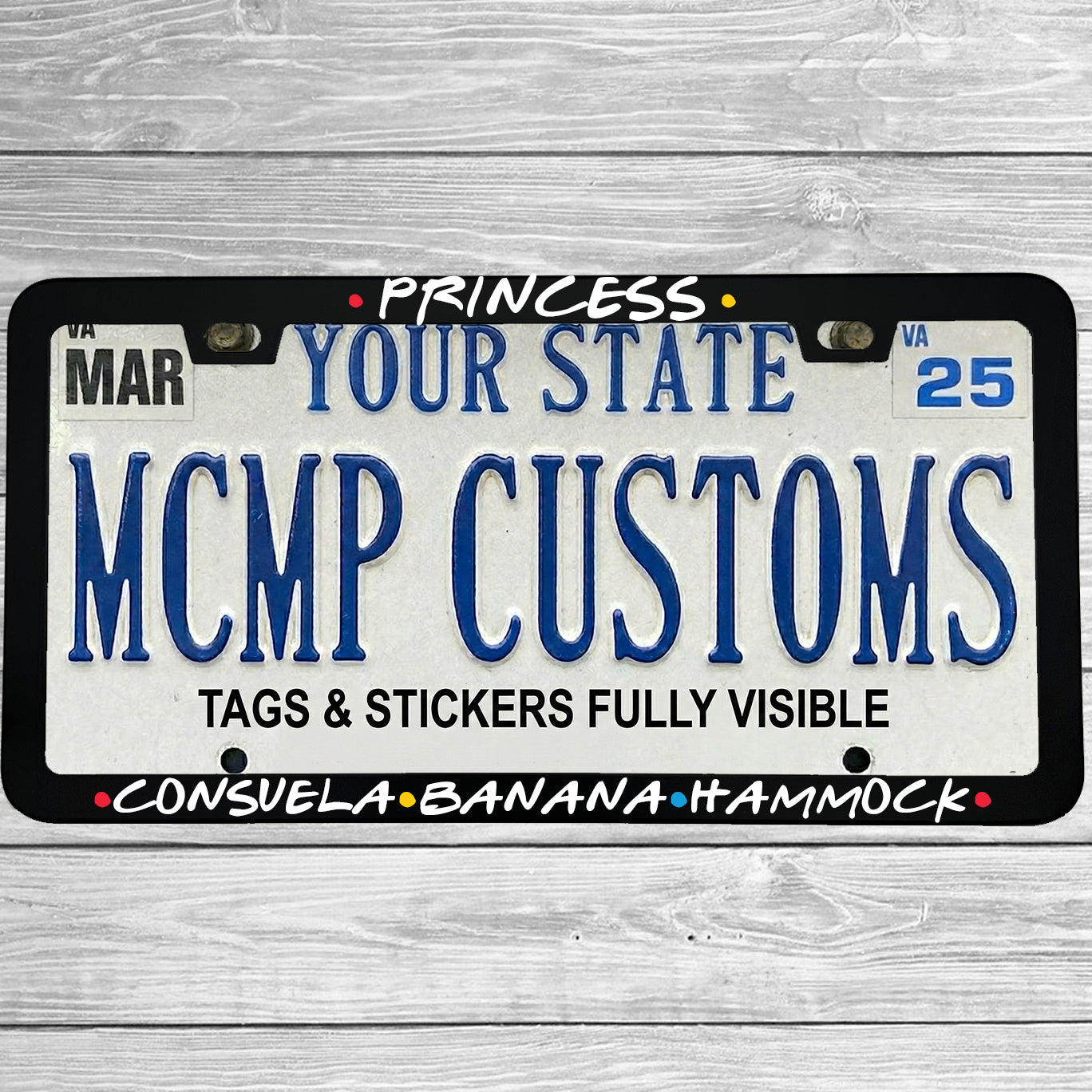 "Princess Consuela Banana Hammock" license plate frame shown on vehicle — lifestyle photo