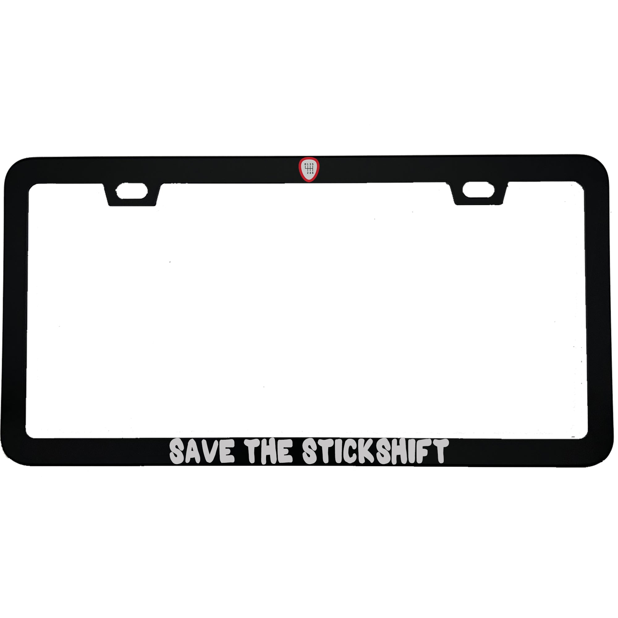 "Save The Stickshift Manual Driving" patriotic aluminum license plate frame — front view