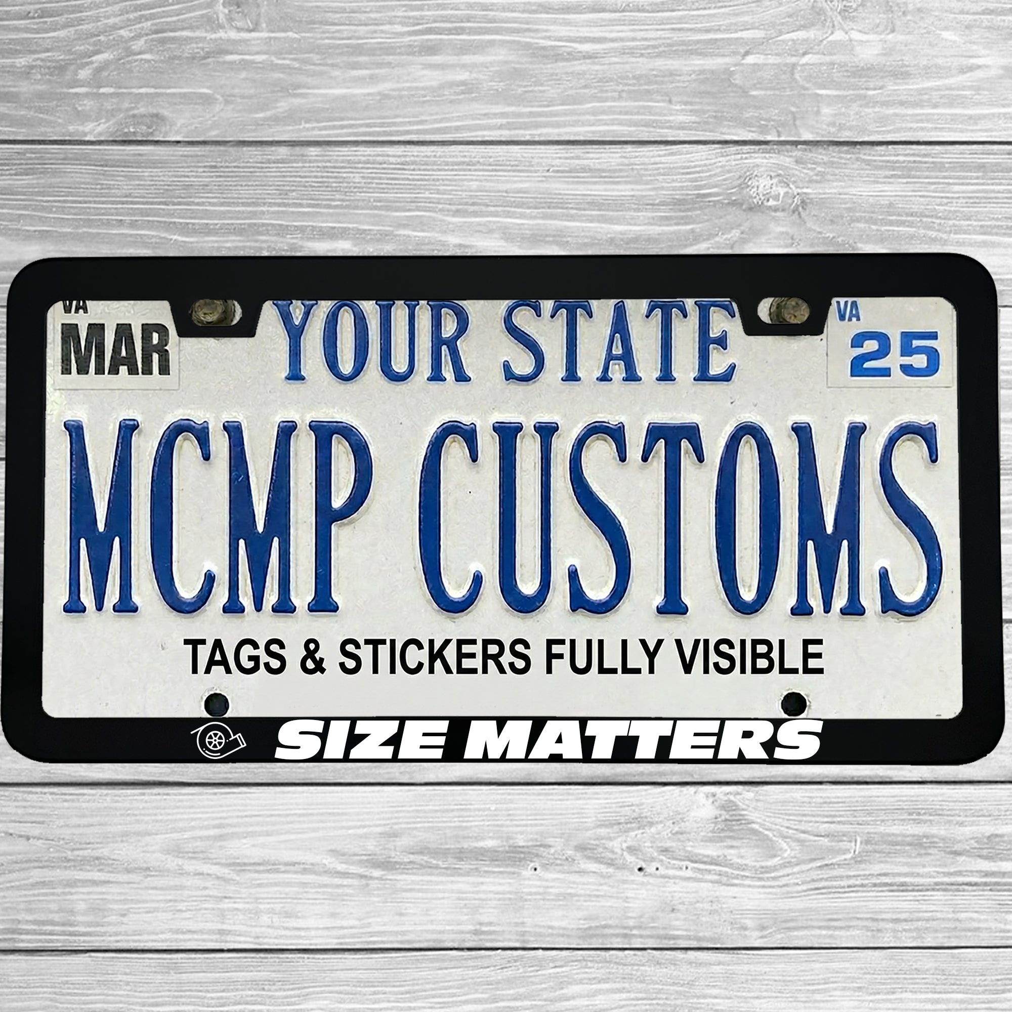 "Size Matters" license plate frame shown on vehicle — lifestyle photo