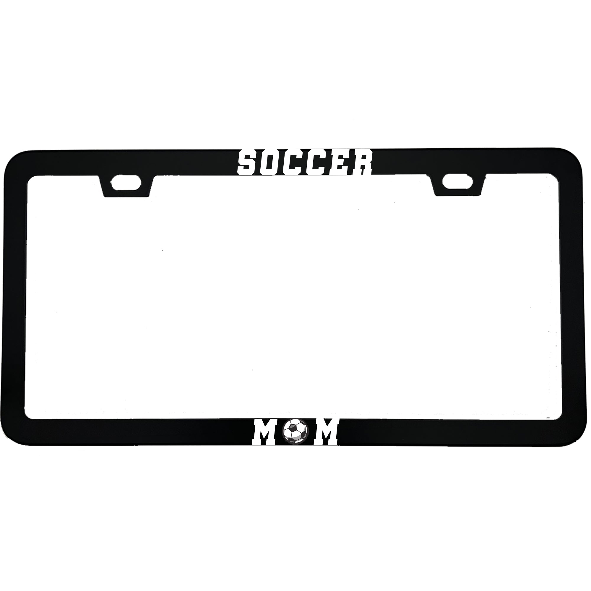 "Soccer Mom" sports fan aluminum license plate frame — front view