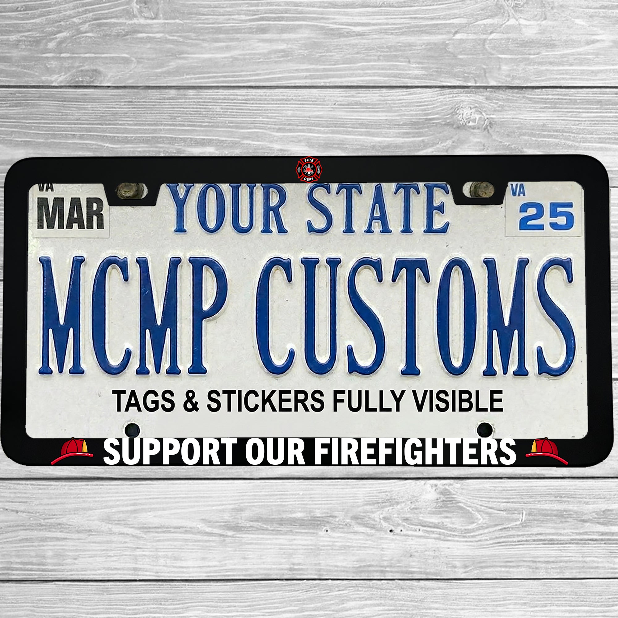"Support Our Firefighters" license plate frame shown on vehicle — lifestyle photo