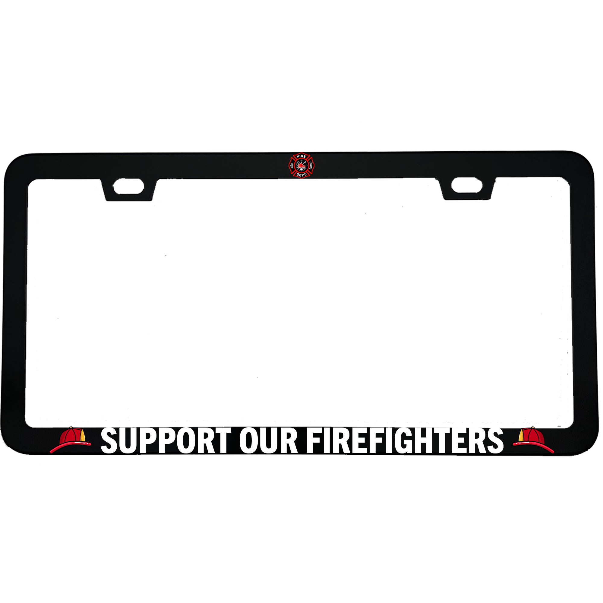 "Support Our Firefighters" firefighter aluminum license plate frame — front view