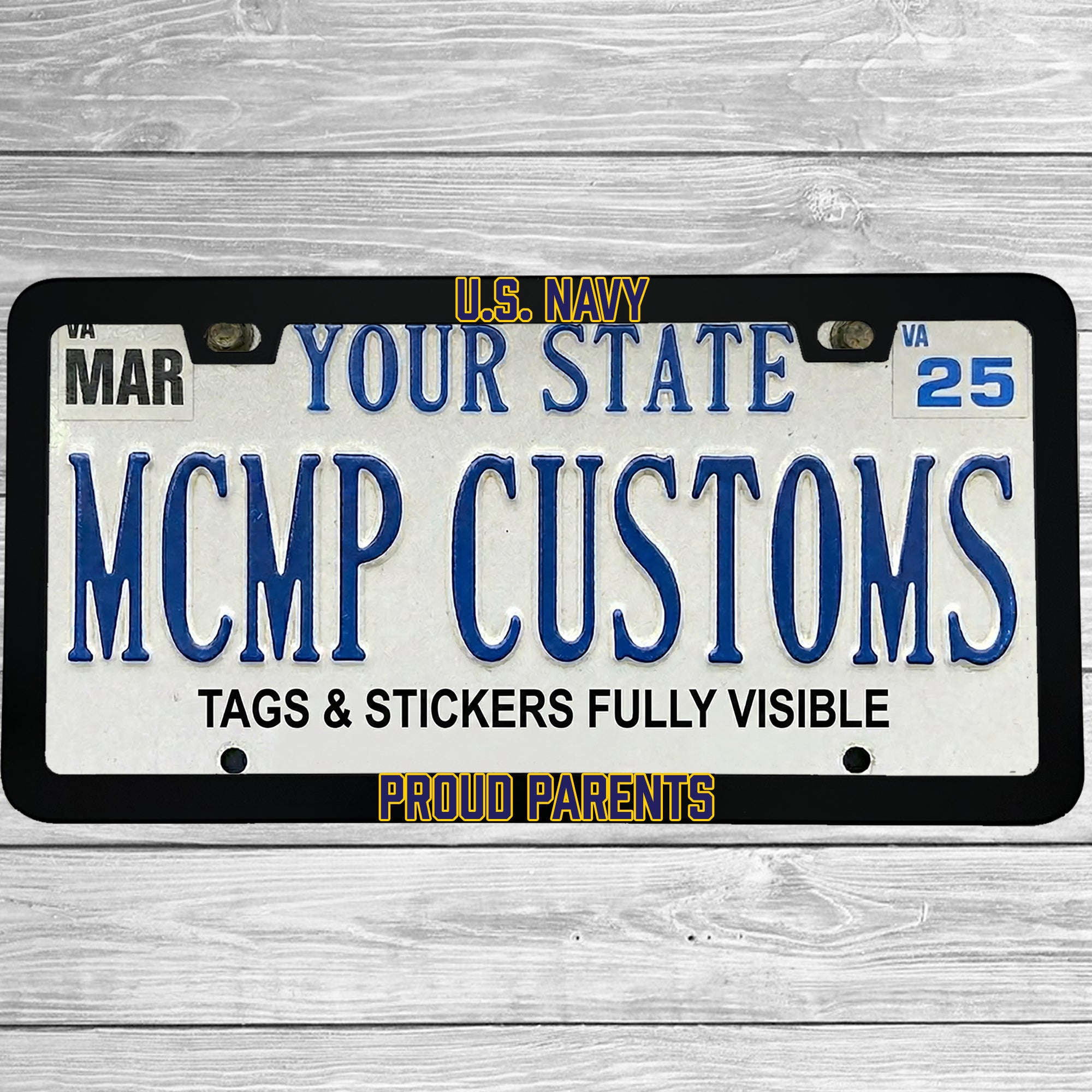 "U.S. Navy Proud Parents" license plate frame shown on vehicle — lifestyle photo