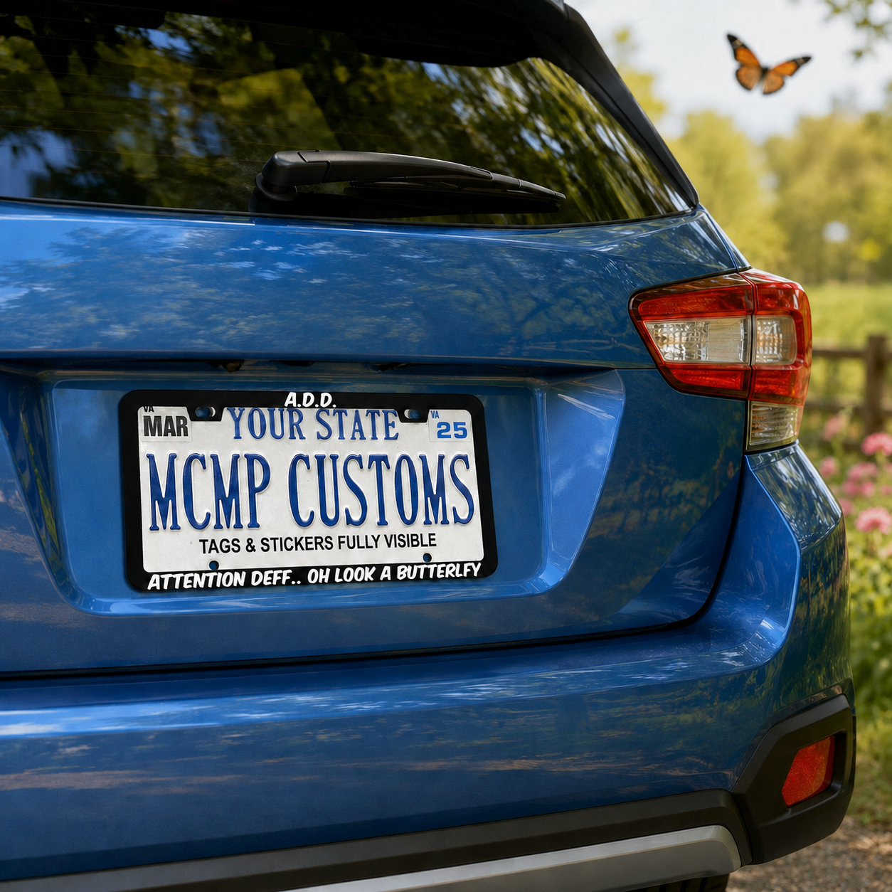 ADD Attention Def Oh Look A Butterfly Funny Aluminum License Plate Frame