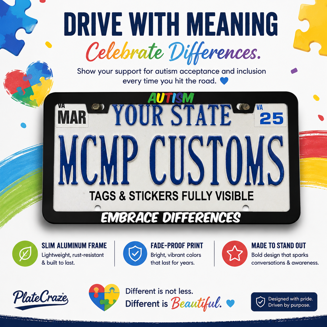 Autism Embrace Differences Autism Awareness Aluminum License Plate Frame