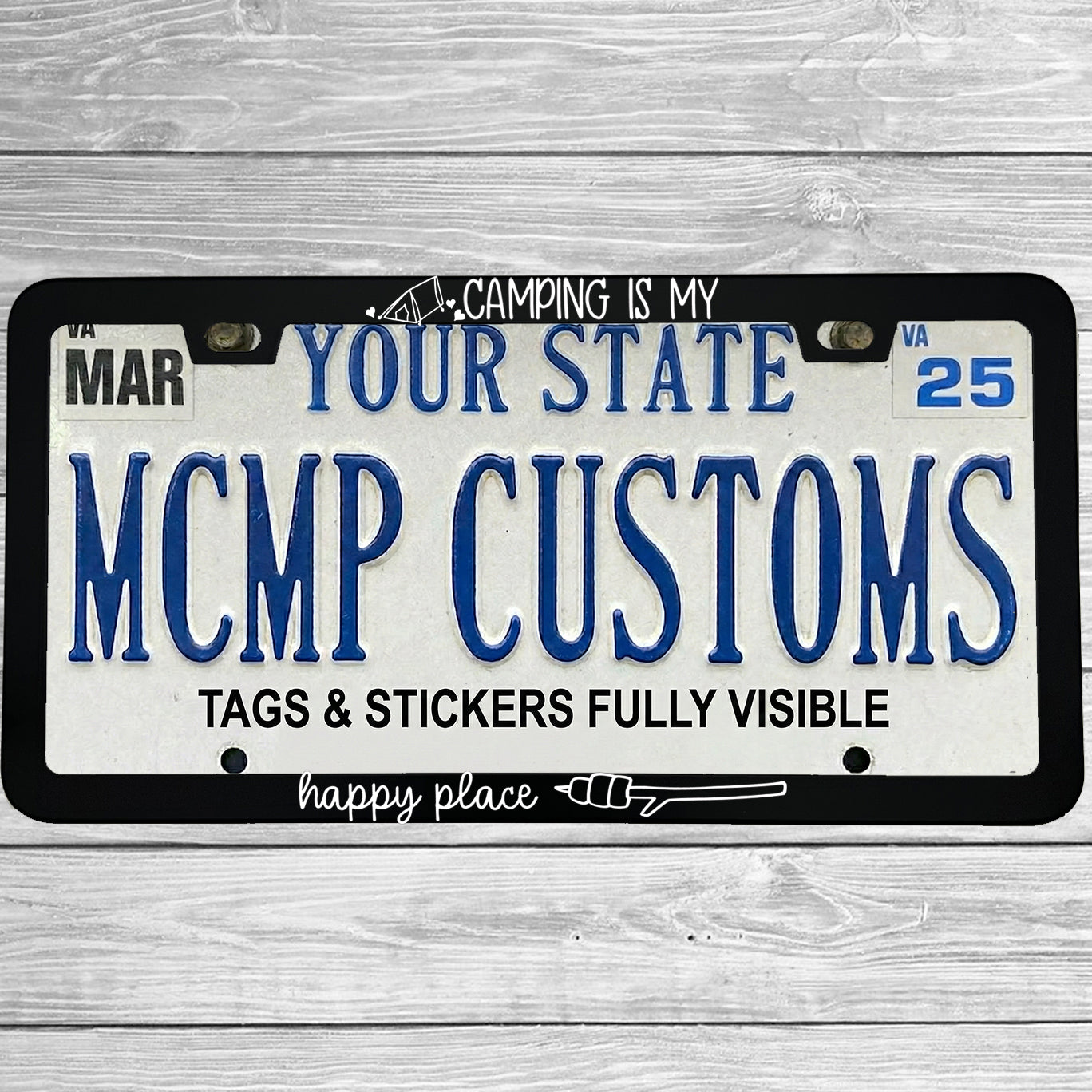 MCMP Customs aluminum license plate frame — features and quality detail infographic