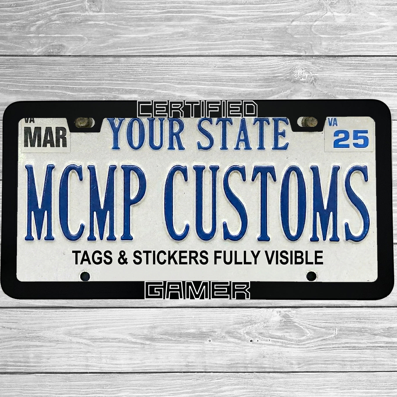 "Certified Gamer" license plate frame shown on vehicle — lifestyle photo
