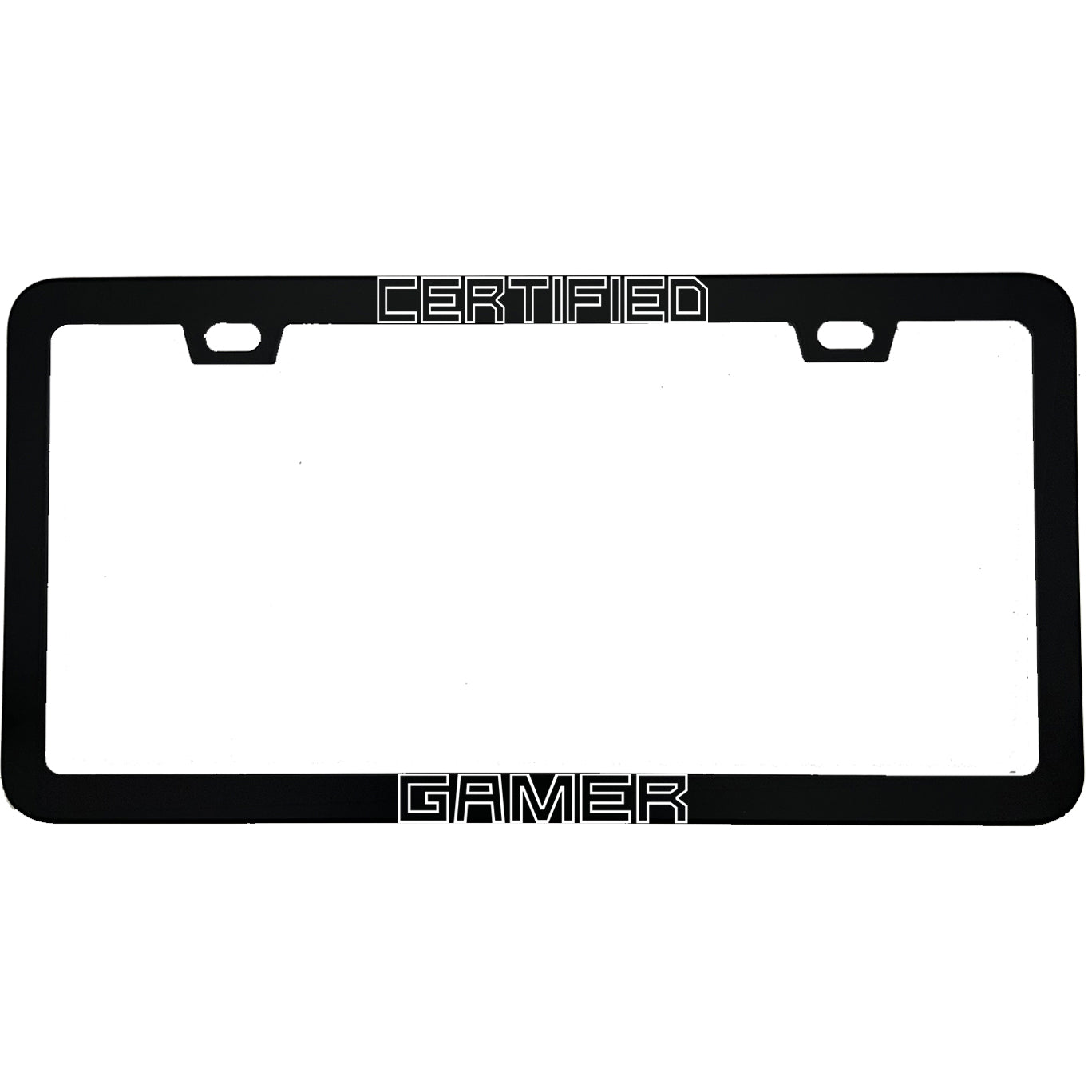"Certified Gamer" gaming aluminum license plate frame — front view