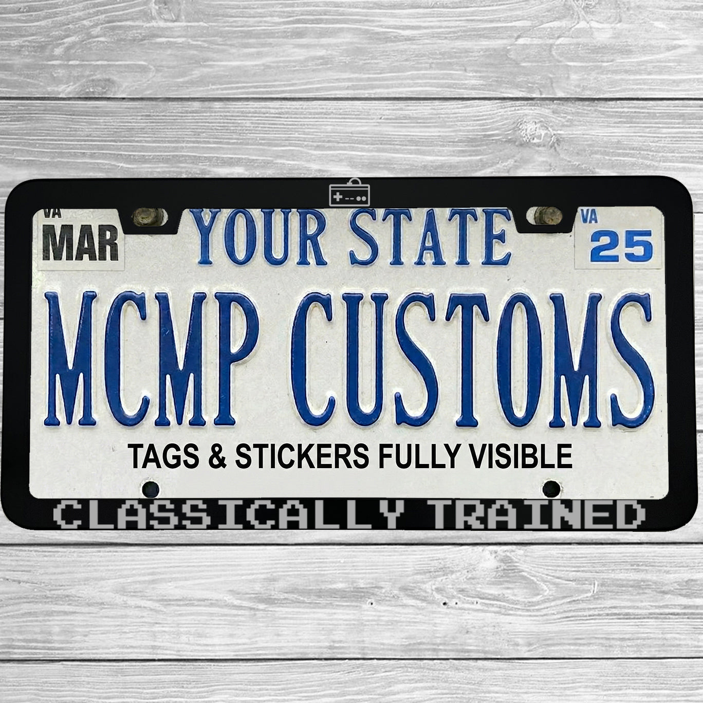 "Classically Trained" license plate frame shown on vehicle — lifestyle photo