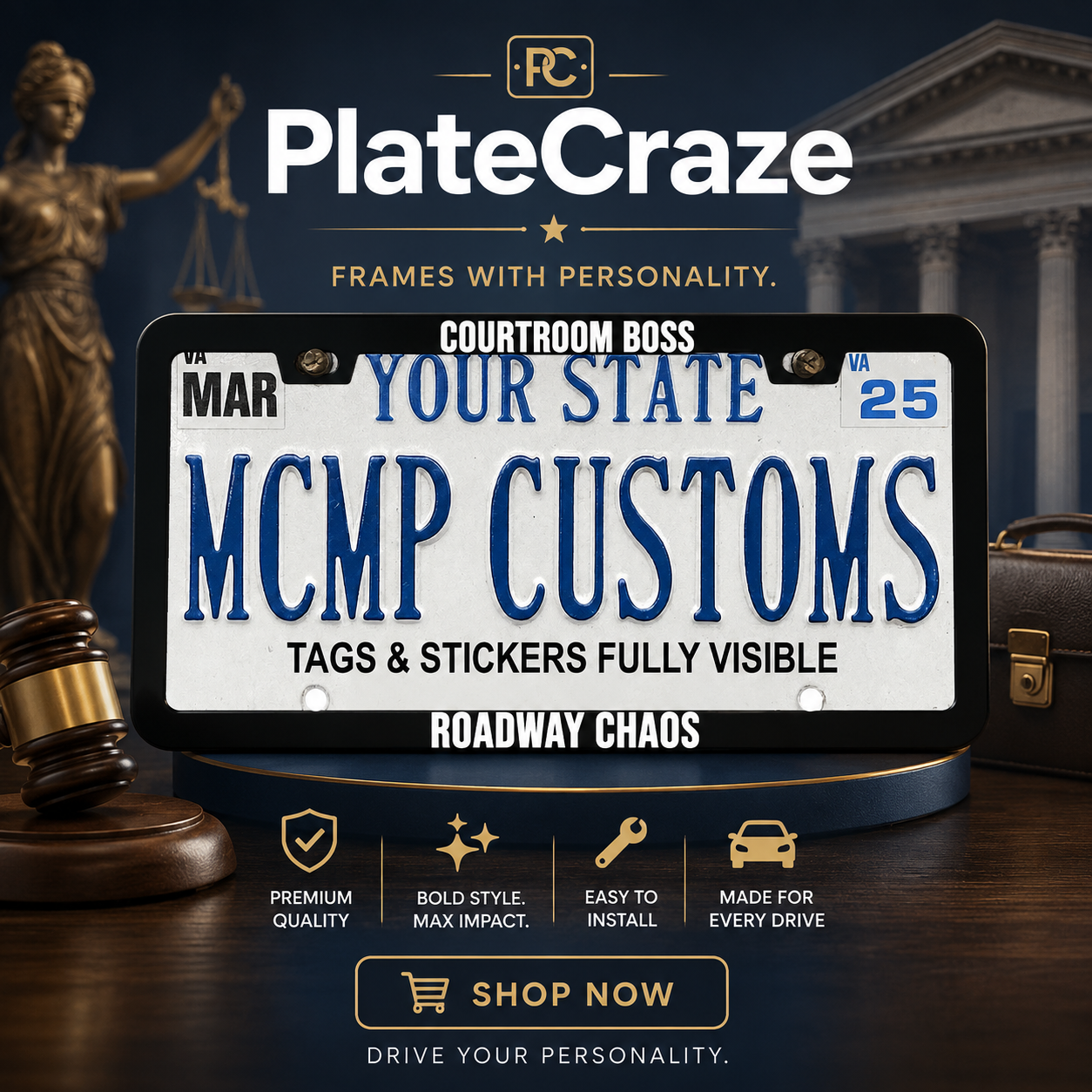 Courtroom Boss, Roadway Chaos Lawyer Aluminum License Plate Frame