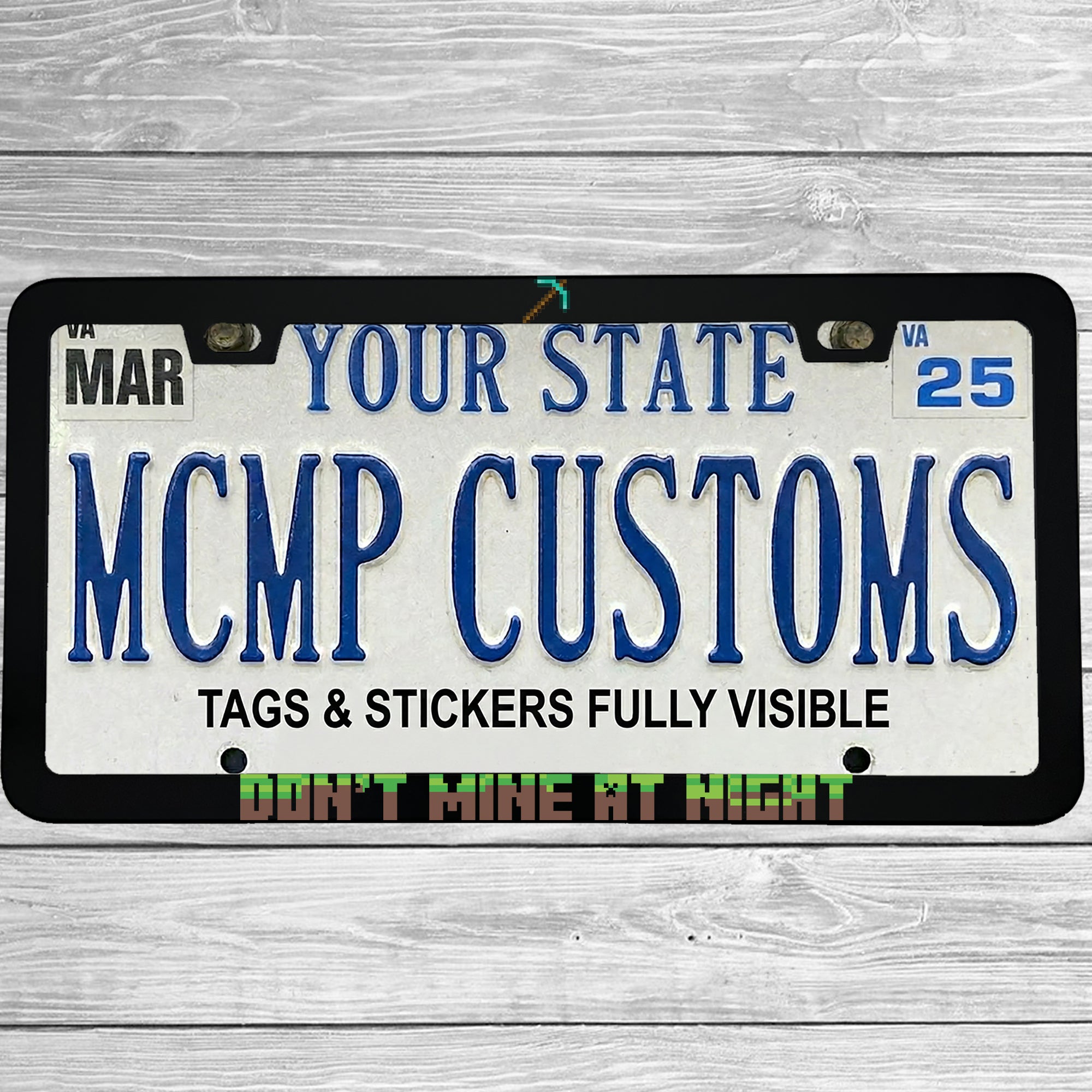 "Don't Mine At Night Minecraft" license plate frame shown on vehicle — lifestyle photo