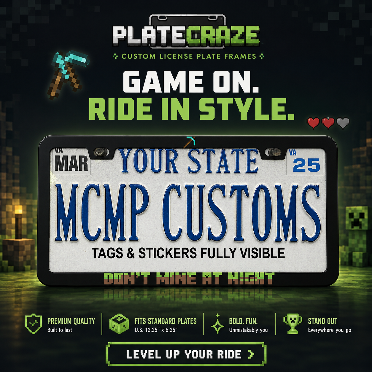 Don't Mine At Night Minecraft Gaming Aluminum License Plate Frame