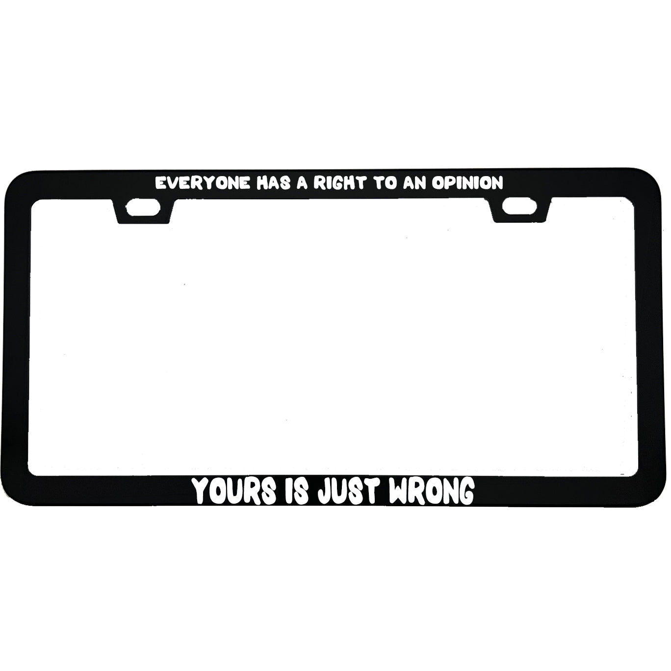 "Everyone Has A Right To An Opinion Yours Is Just Wrong" funny aluminum license plate frame — front view
