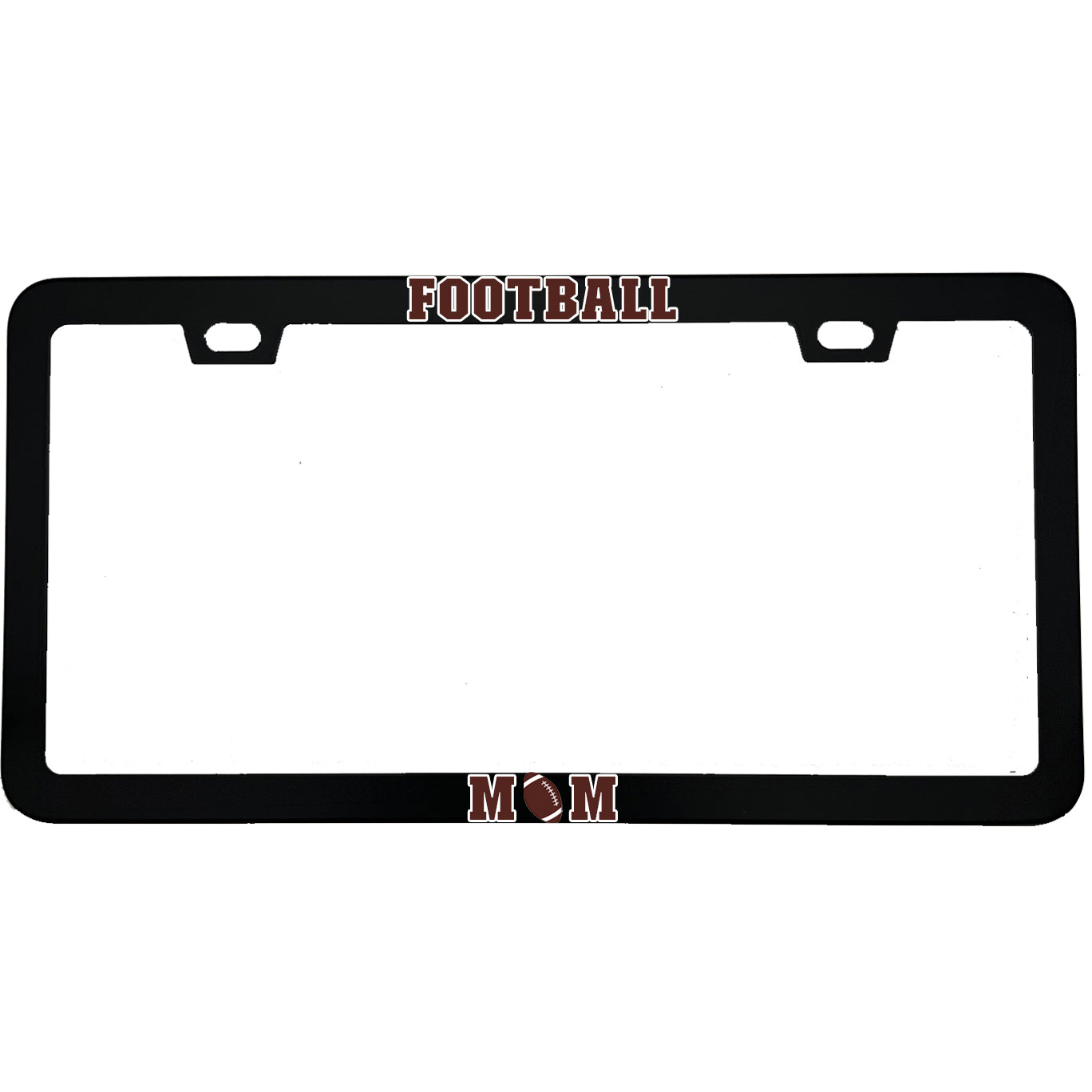 "Football Mom" sports fan aluminum license plate frame — front view