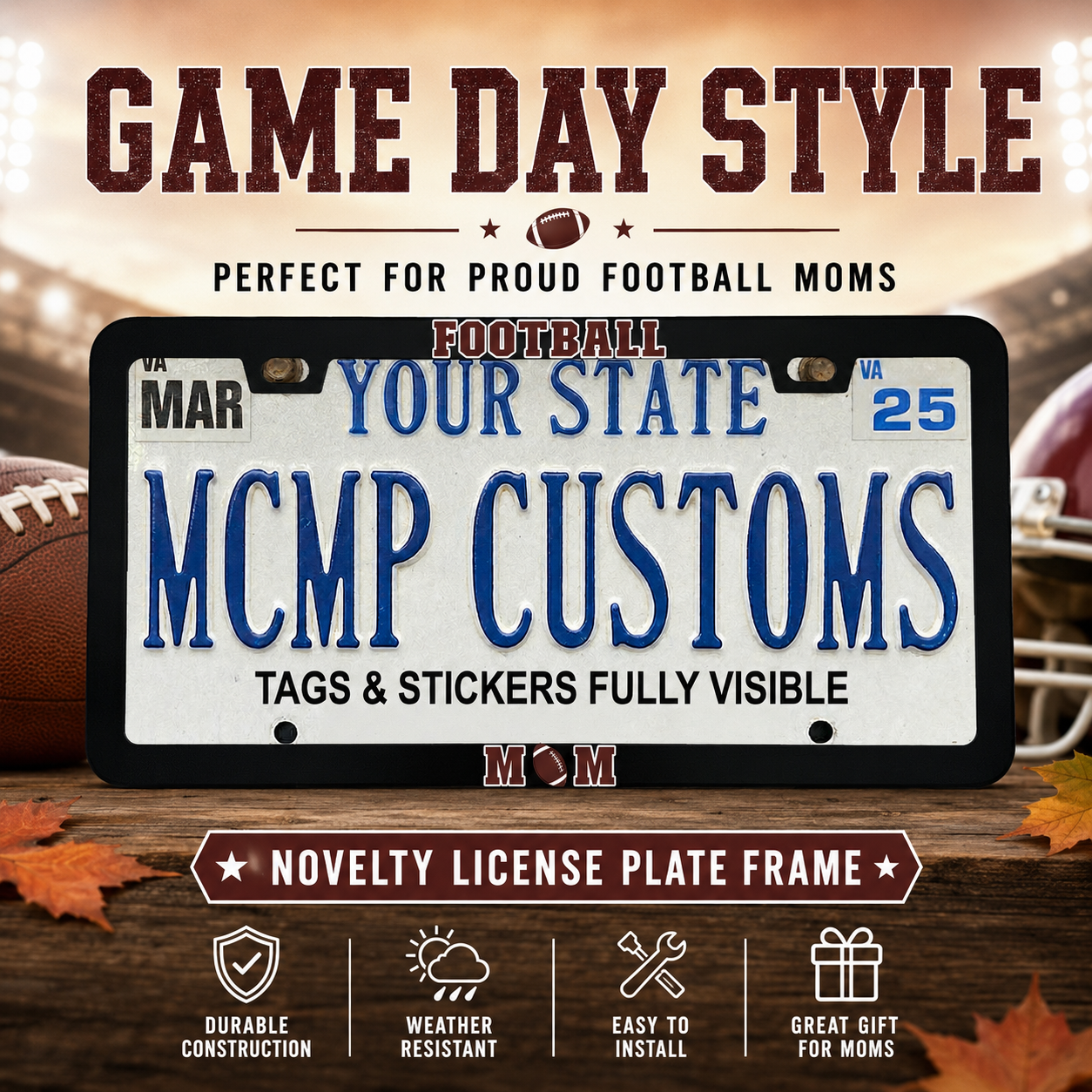 Football Mom Sports Fan Aluminum License Plate Frame