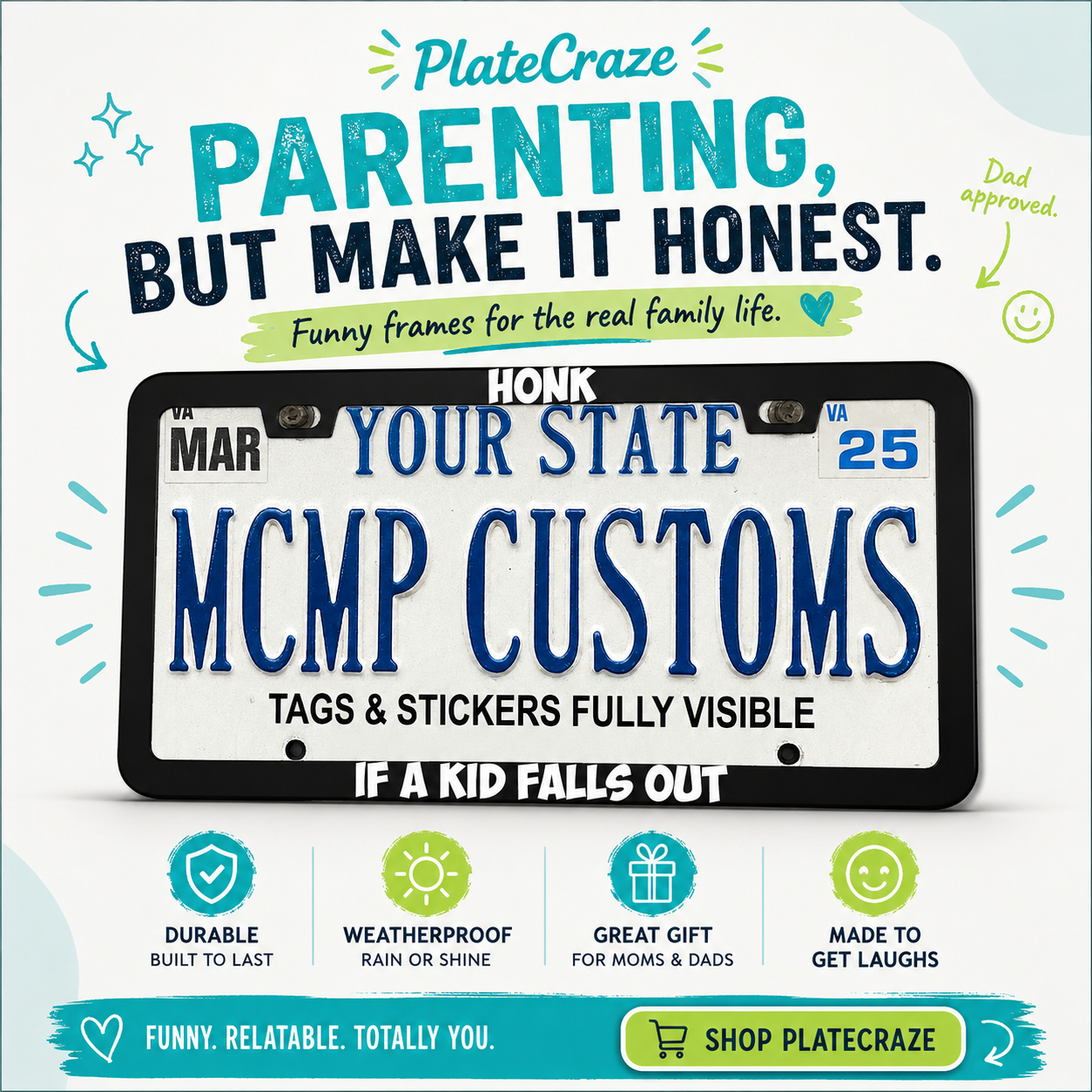 Honk If A Kid Falls Out Parent Aluminum License Plate Frame