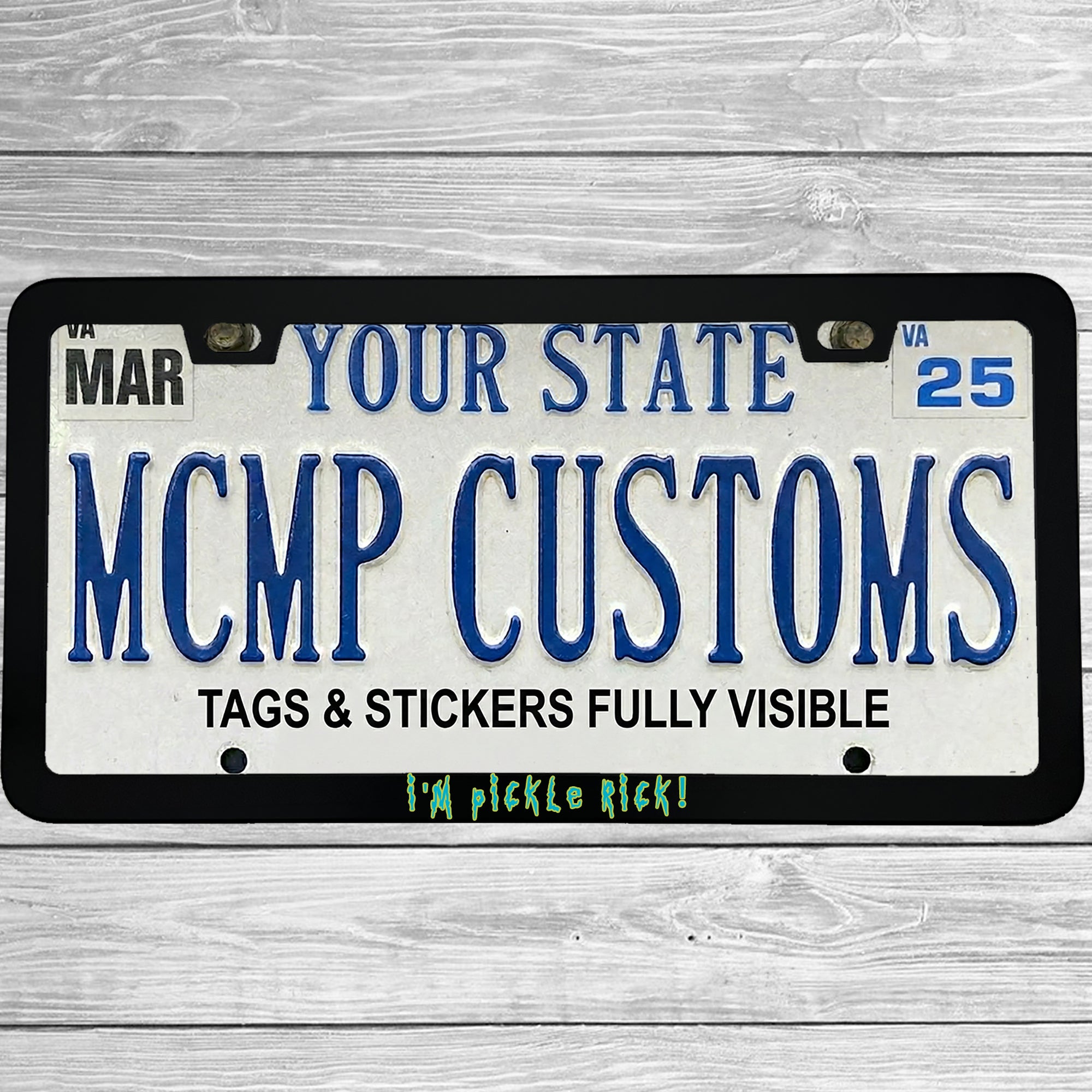 "I'm Pickle Rick!" license plate frame shown on vehicle — lifestyle photo
