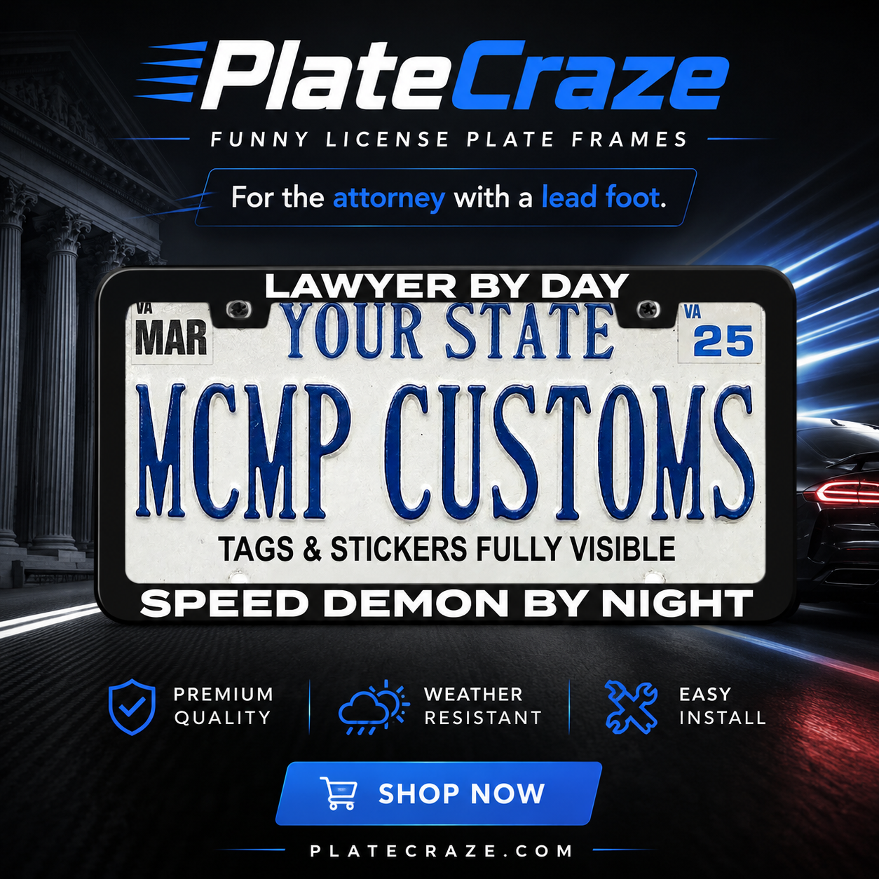 Lawyer By Day, Speed Demon By Night Aluminum License Plate Frame