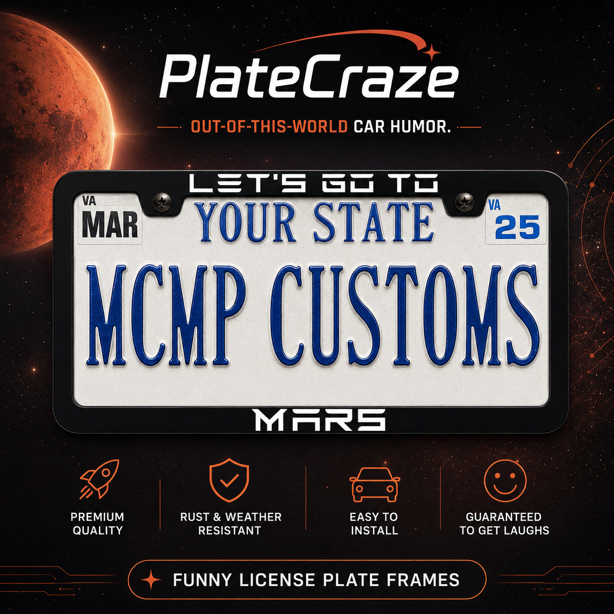 Lets Go To Mars Funny Electric Car Outer Space Sci-Fi Aluminum License Plate Frame