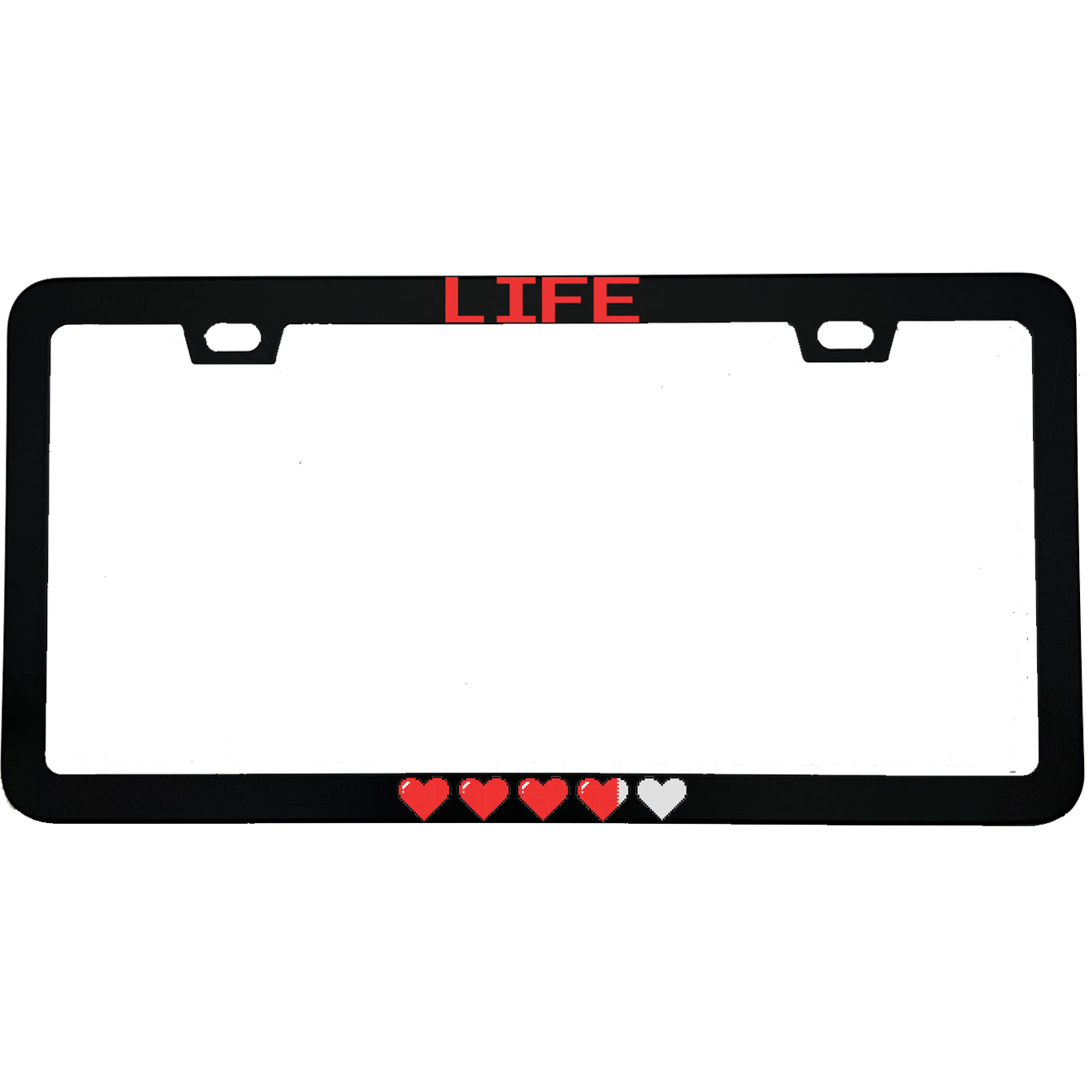 "Life Pixel Hearts" gaming aluminum license plate frame — front view