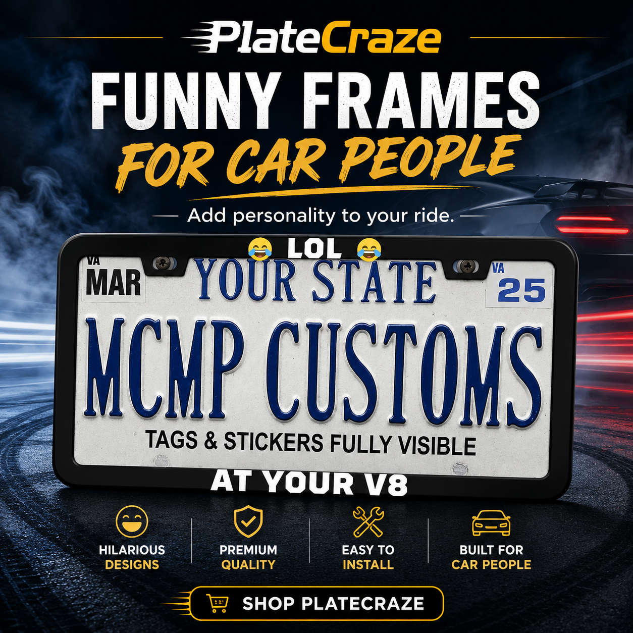 Lol At Your V8 Car Enthusiast Aluminum License Plate Frame