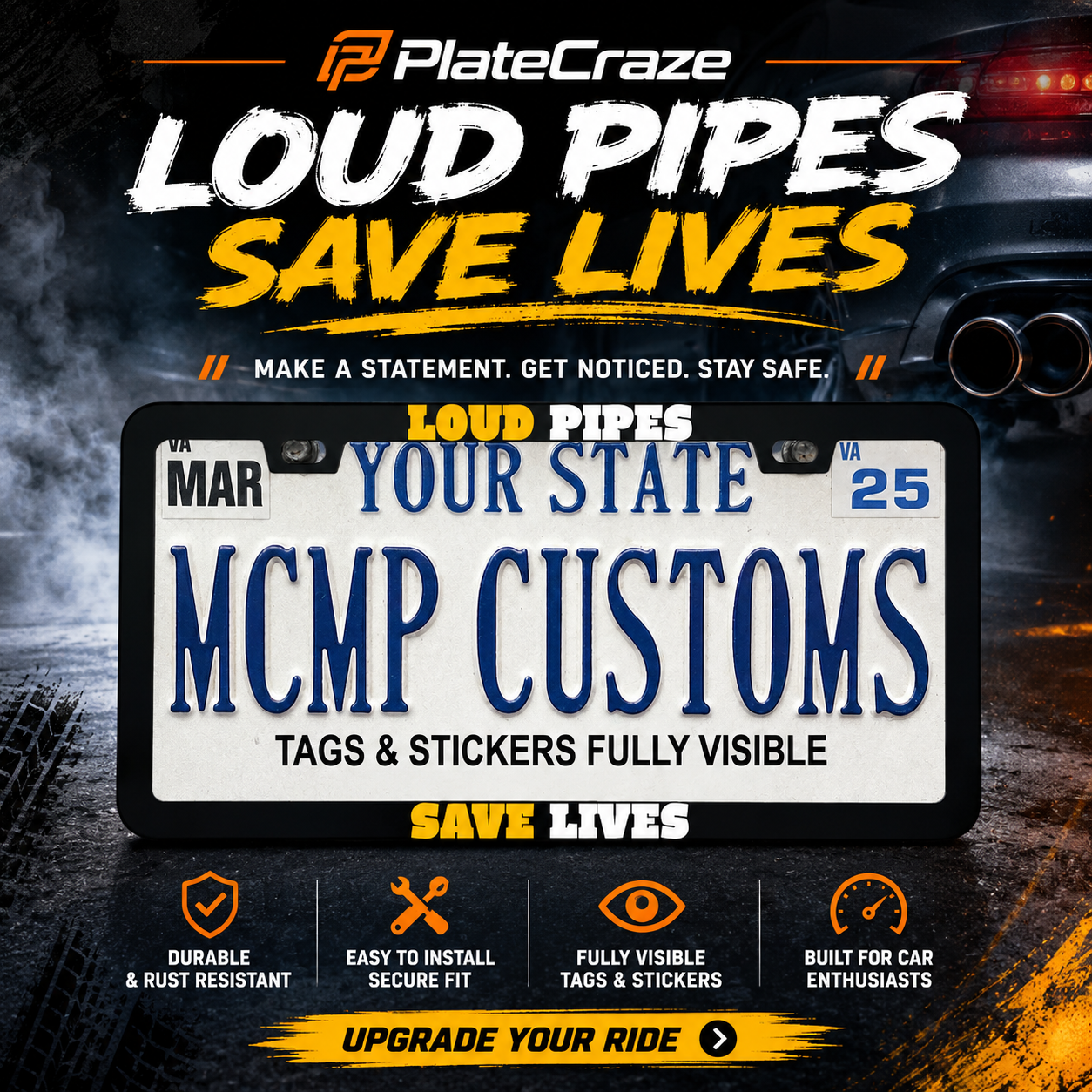 Loud Pipes Save Lives Biker Aluminum License Plate Frame