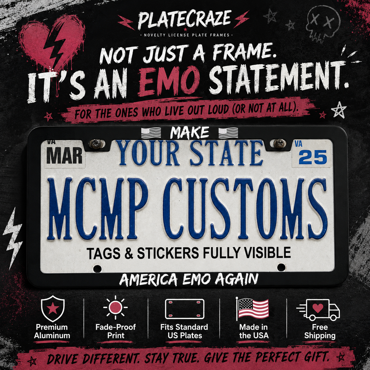 Make America Emo Again Patriotic Aluminum License Plate Frame