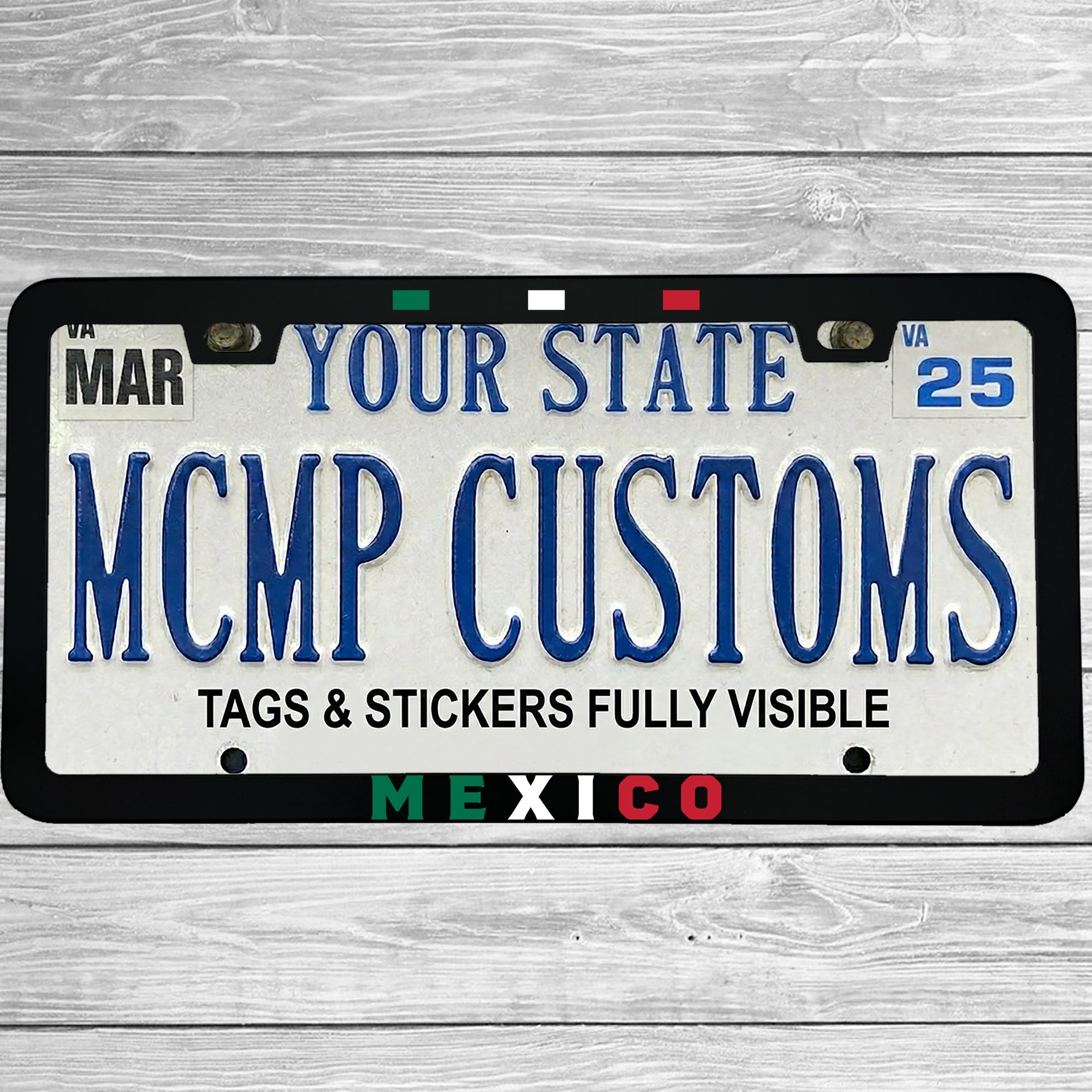 "Mexico Flag Mexican Pride" license plate frame shown on vehicle — lifestyle photo