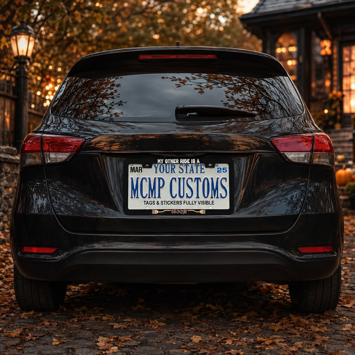 My Other Ride Is A Broom Halloween Aluminum License Plate Frame