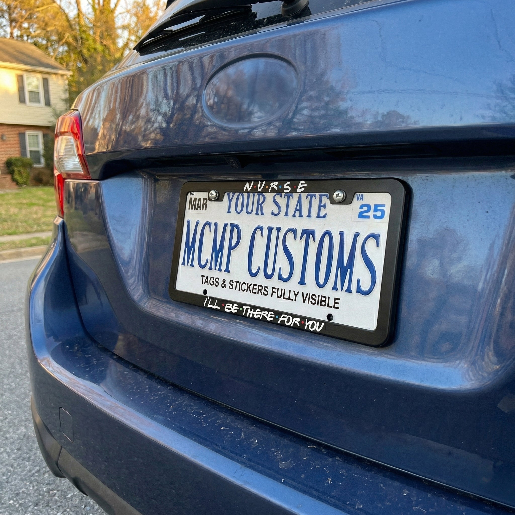 MCMP Customs aluminum license plate frame — features and quality detail infographic