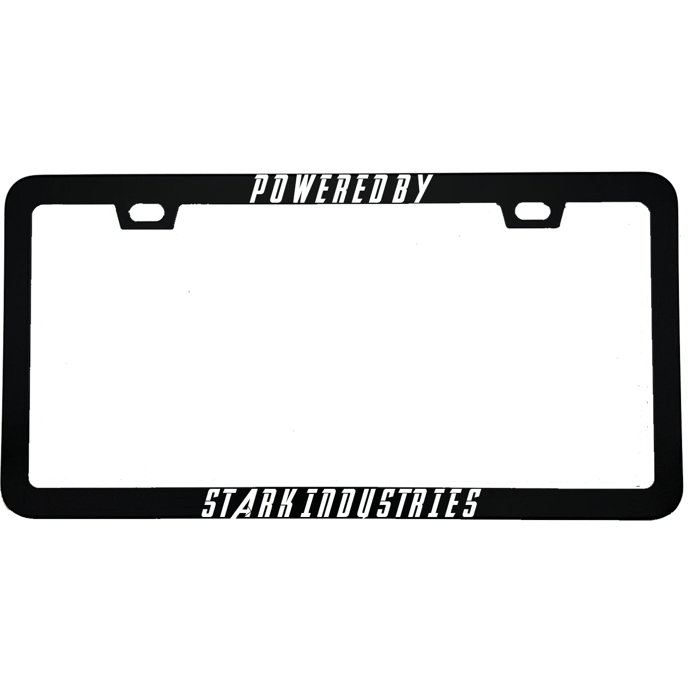 "Powered By Stark Industries" superhero fan aluminum license plate frame — front view