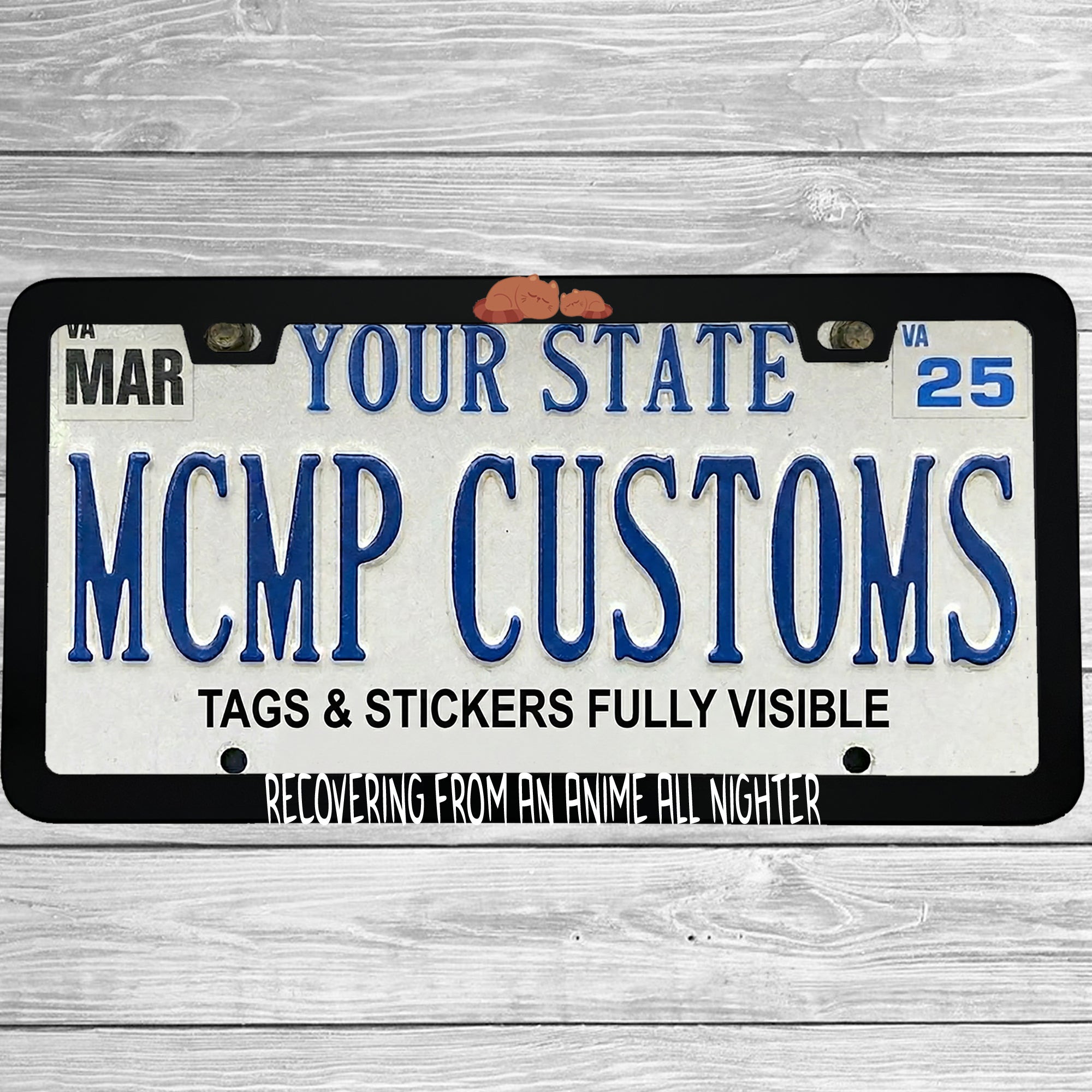 "Recovering From An Anime All Nighter" license plate frame shown on vehicle — lifestyle photo