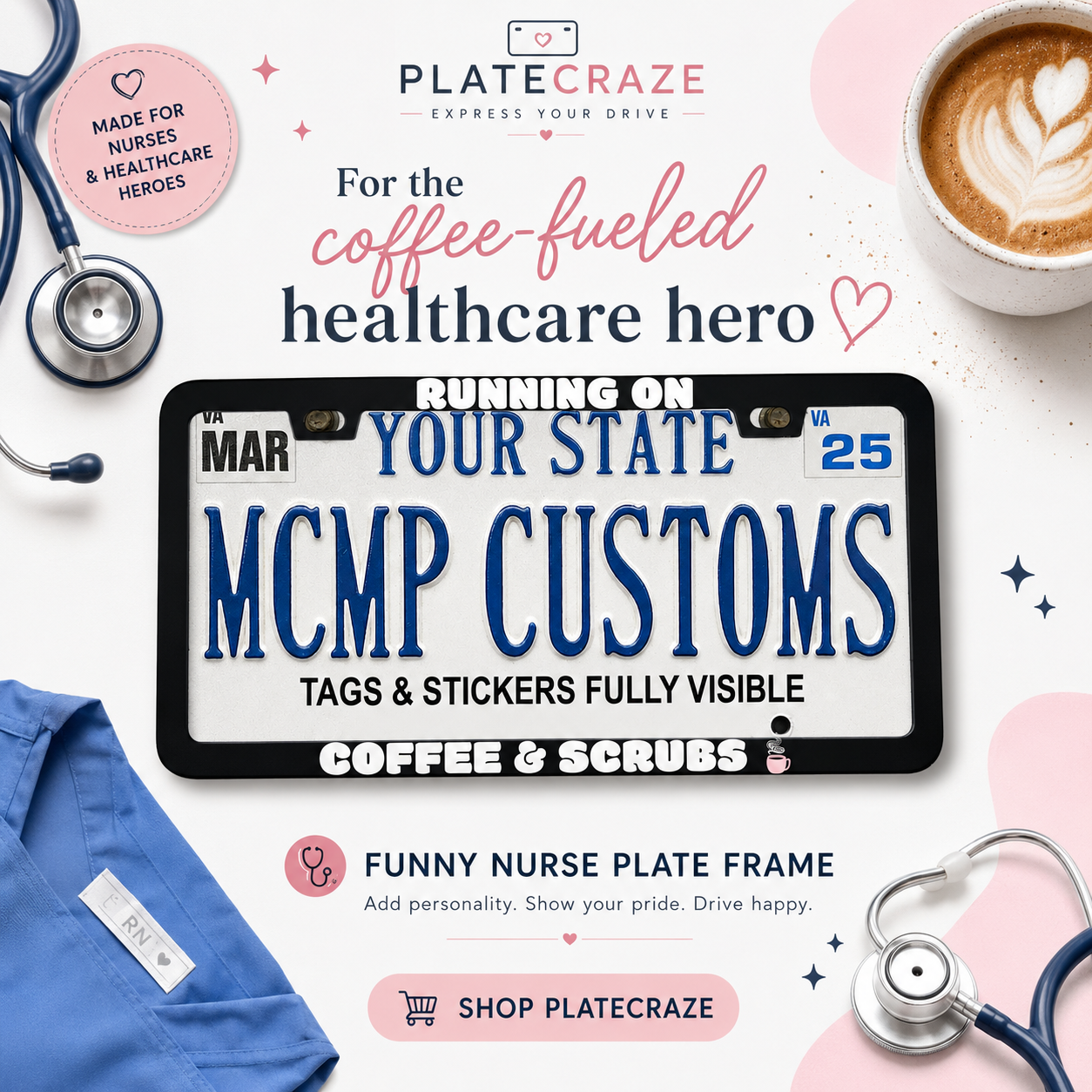 Running on Coffee and Scrubs Nurse Aluminum License Plate Frame