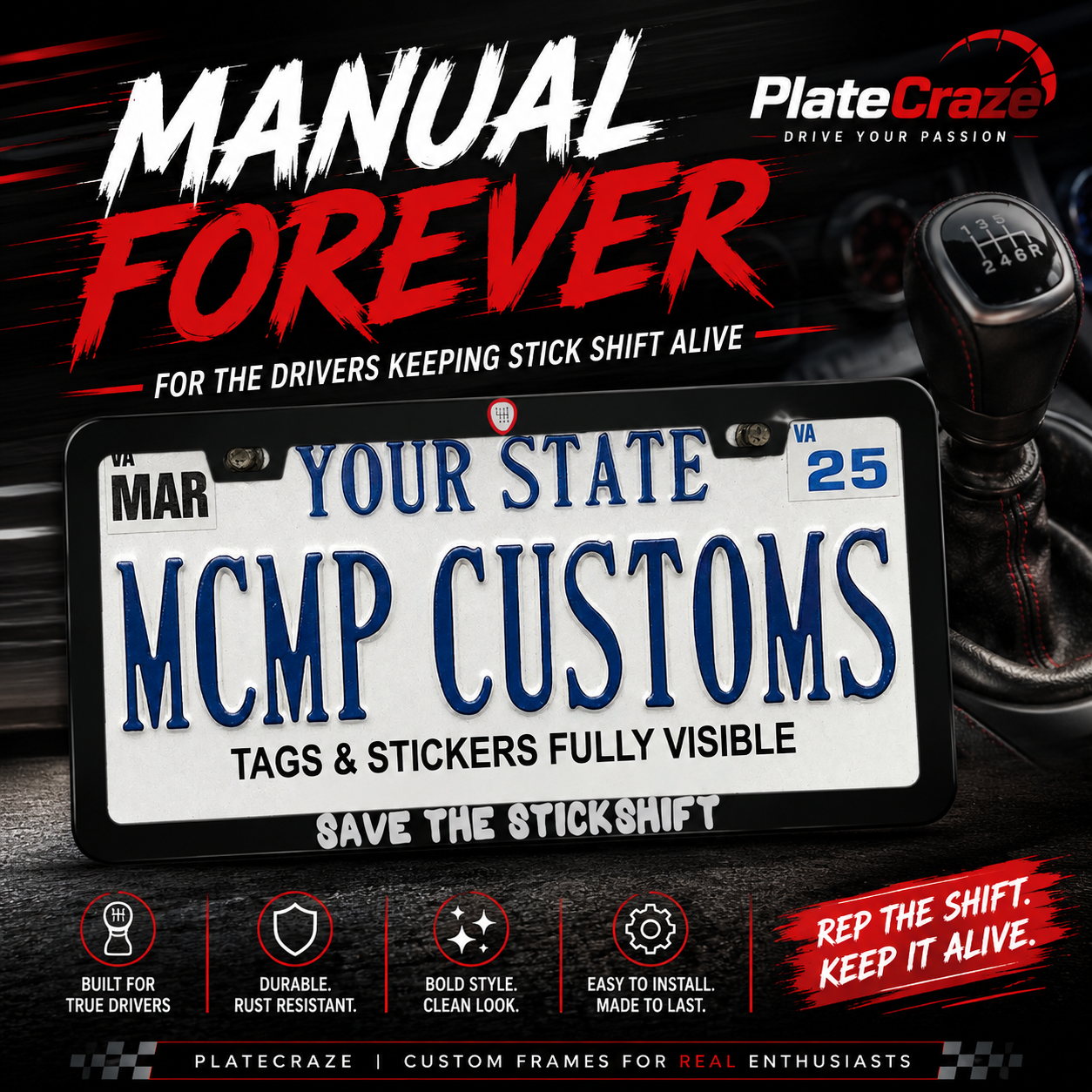Save The Stickshift Manual Driving Patriotic Aluminum License Plate Frame
