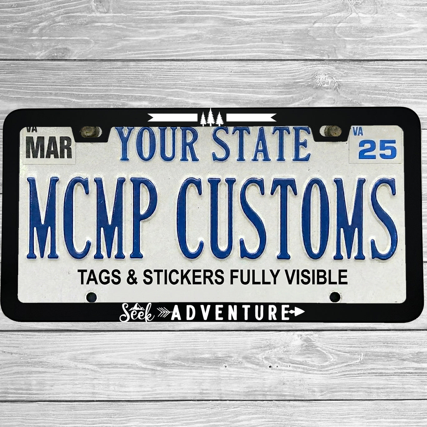 "Seek Adventure" license plate frame shown on vehicle — lifestyle photo