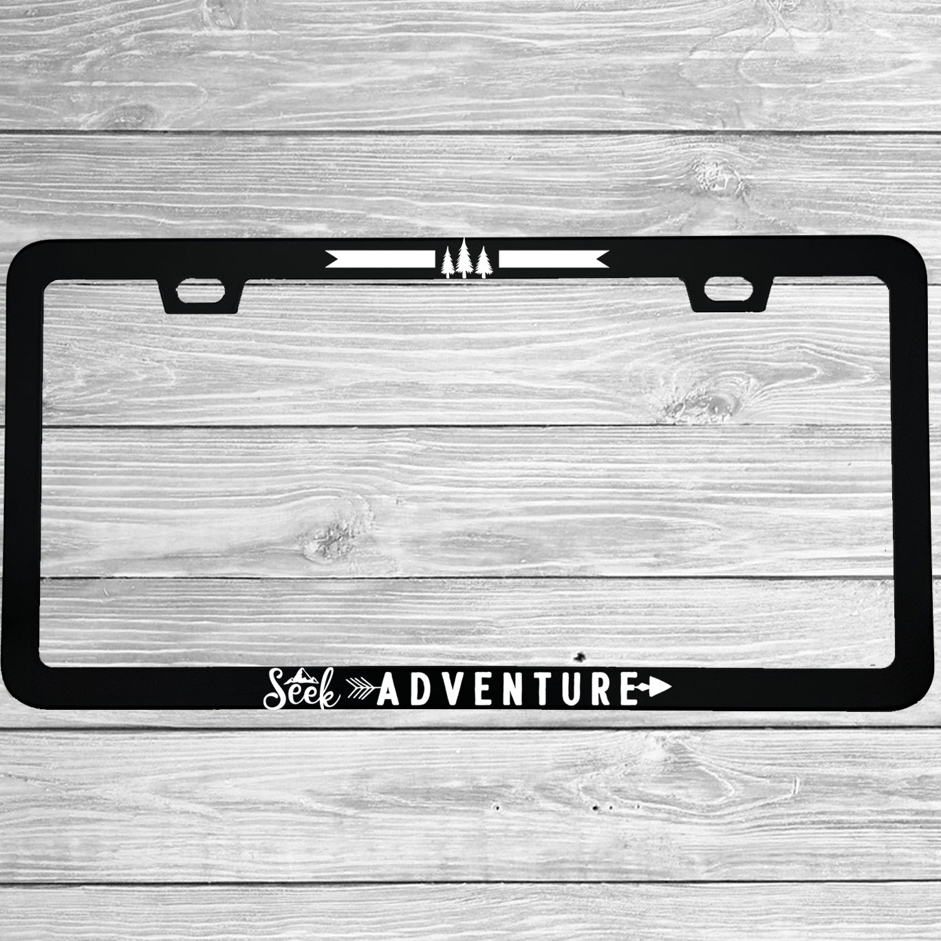 MCMP Customs aluminum license plate frame — features and quality detail infographic
