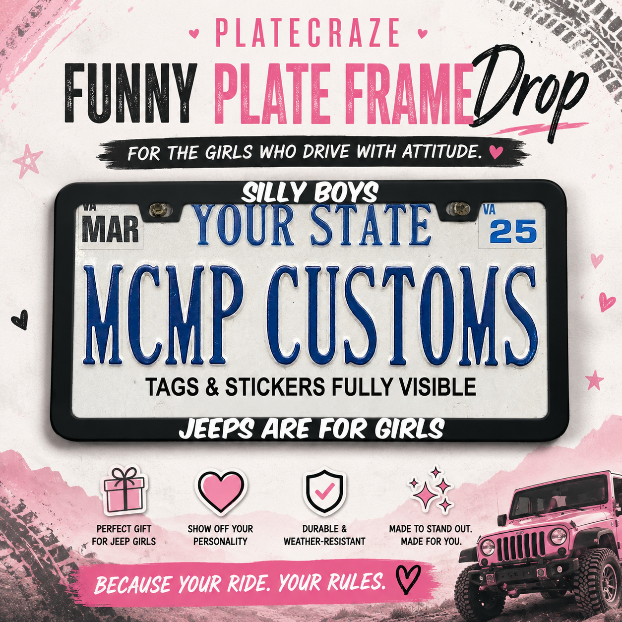 Silly Boys Jeeps Are For Girls Funny Aluminum License Plate Frame