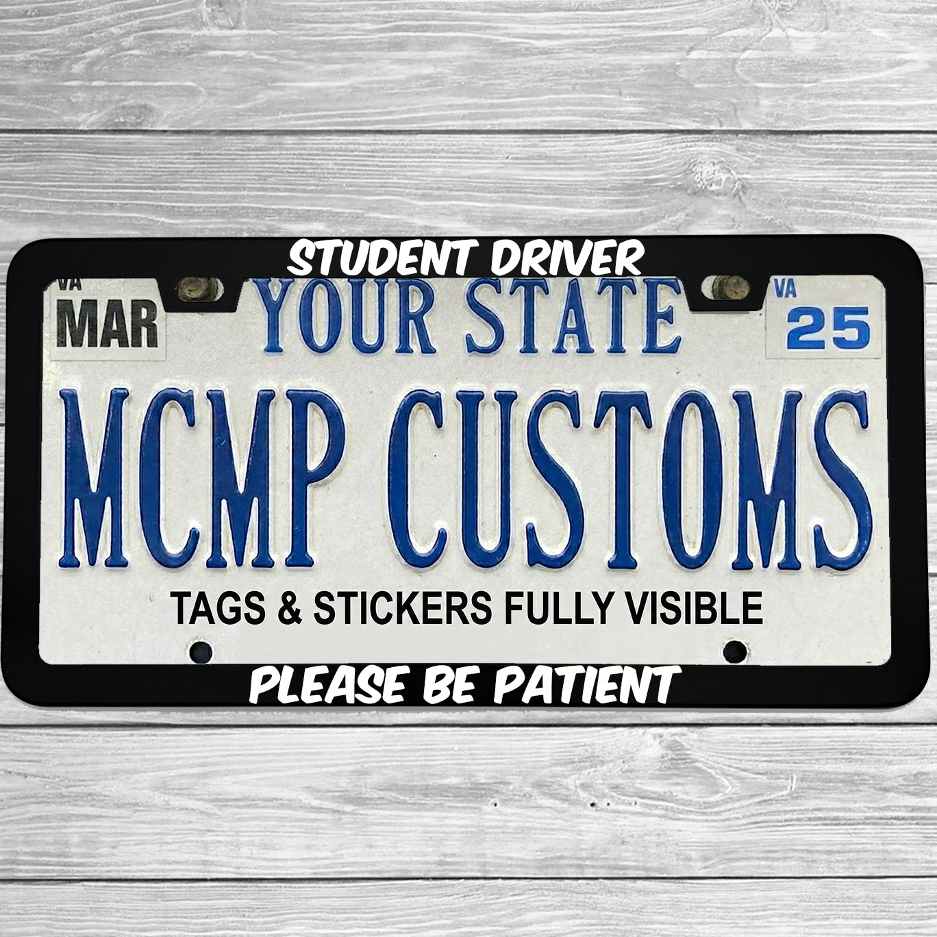 "Student Driver" license plate frame shown on vehicle — lifestyle photo