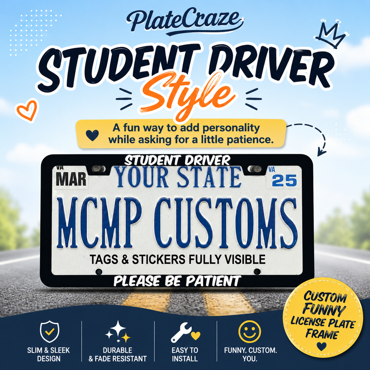 Student Driver Funny Aluminum License Plate Frame