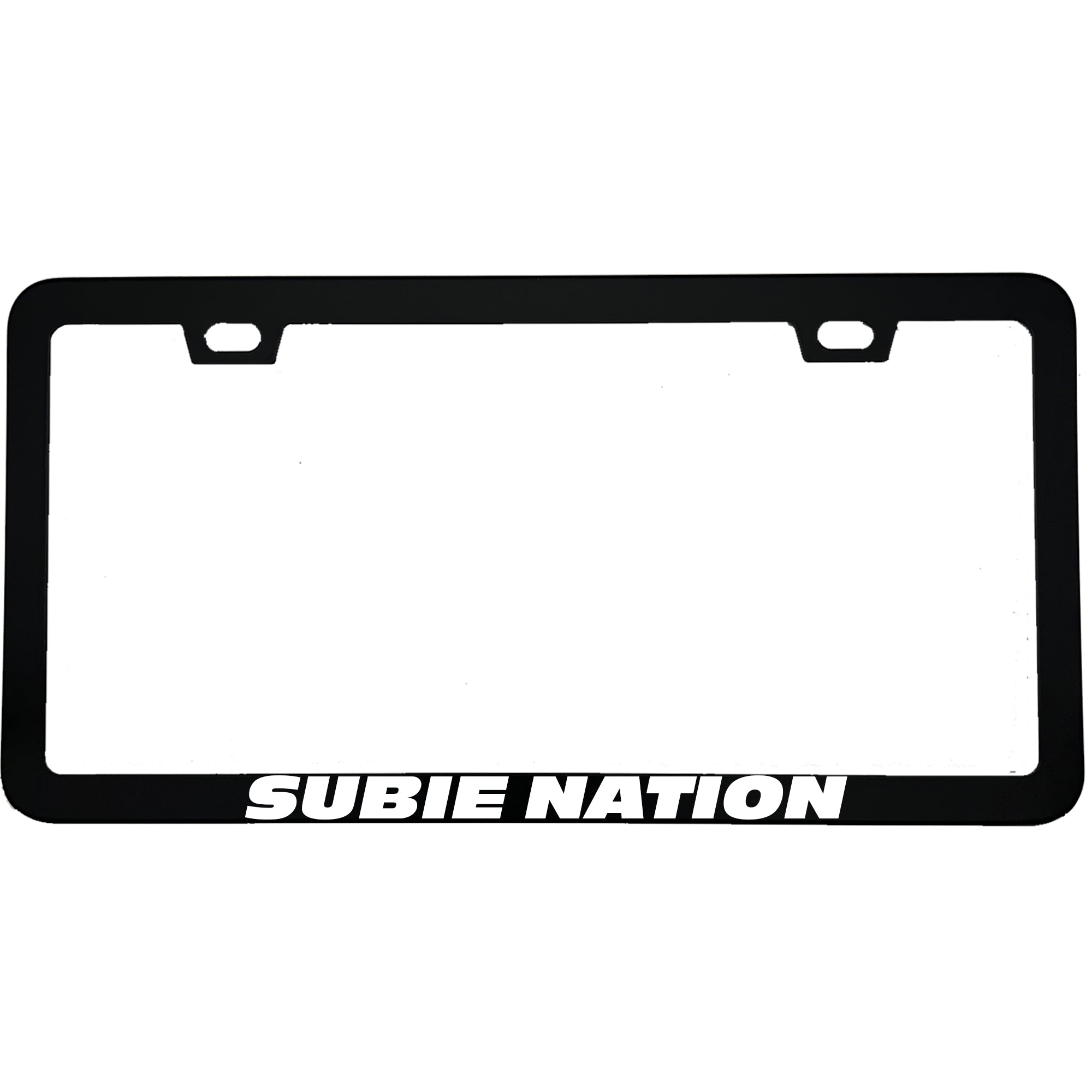 "Subie Nation" car enthusiast aluminum license plate frame — front view