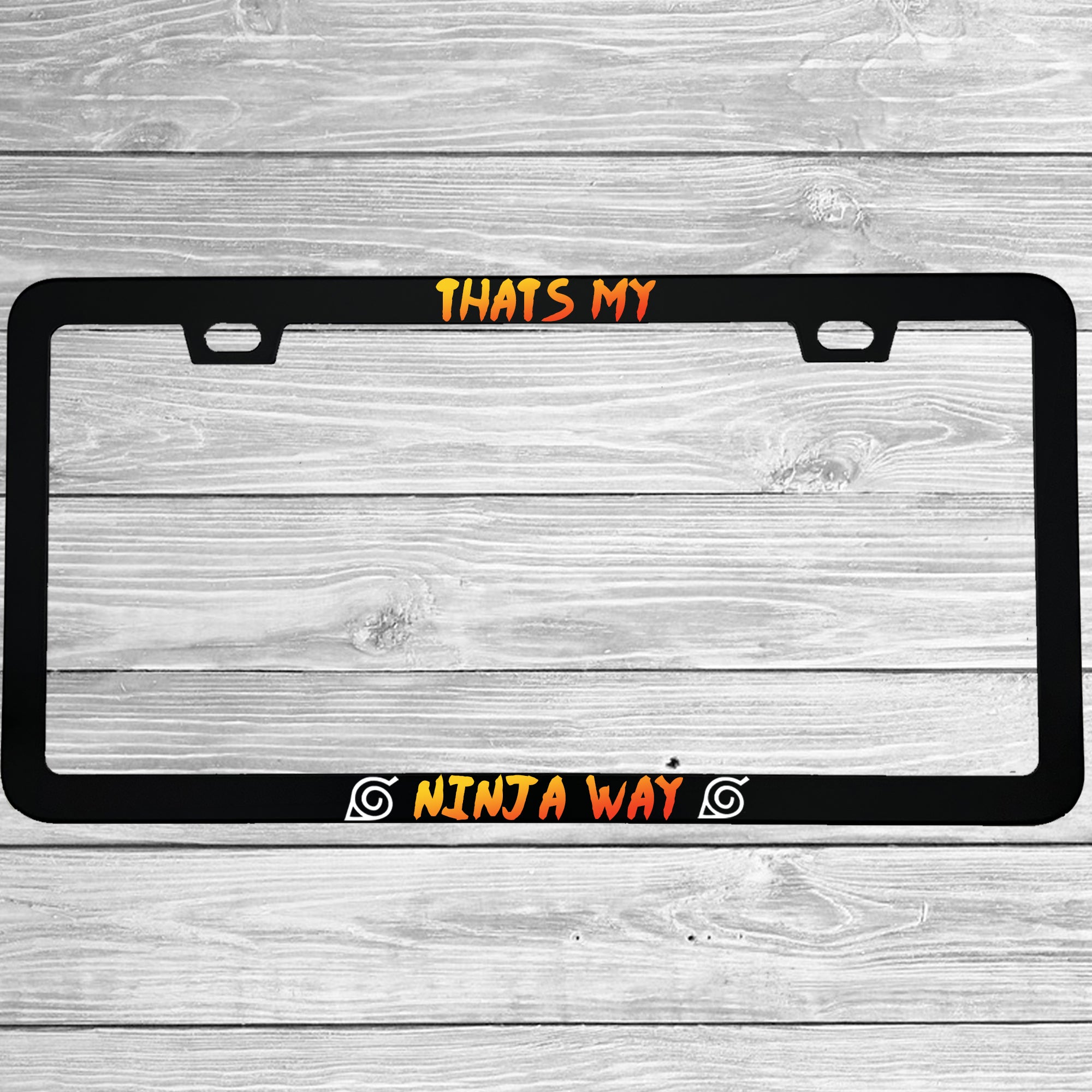 MCMP Customs aluminum license plate frame — features and quality detail infographic