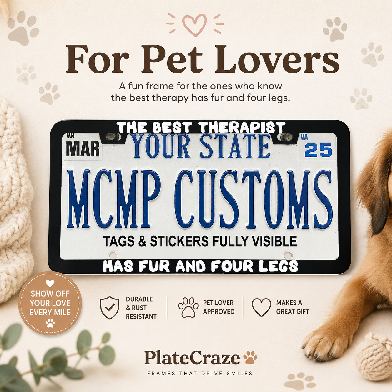 The Best Therapist Has Fur And Four Legs Dog Lover Aluminum License Plate Frame