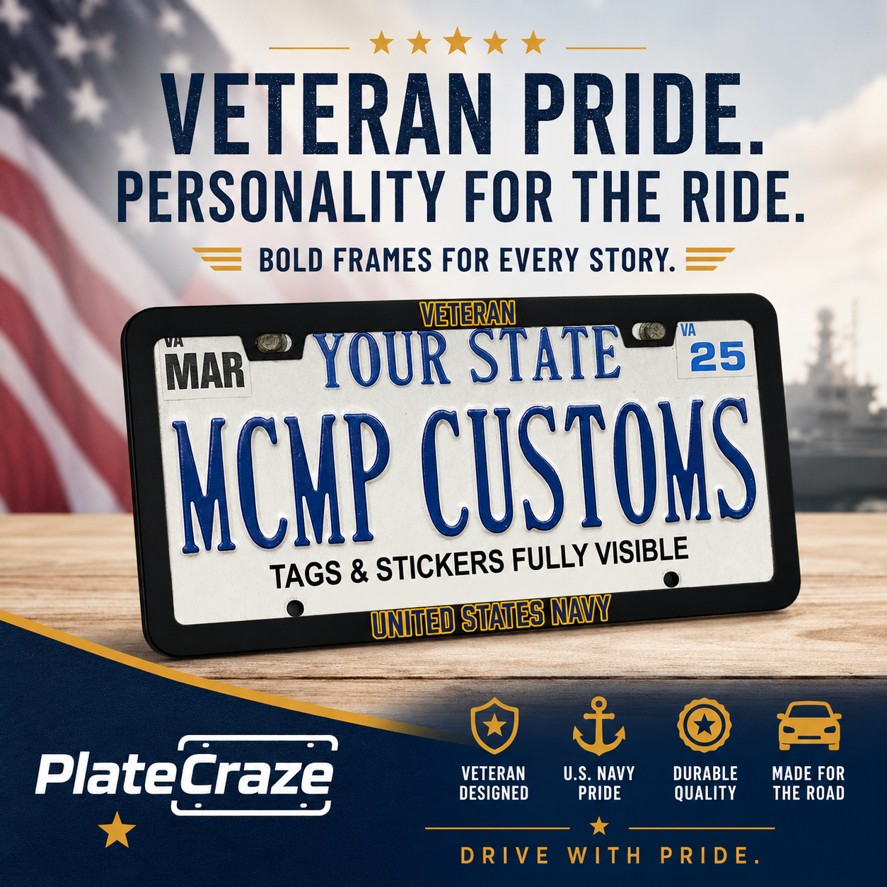 United States Navy Veteran Aluminum License Plate Frame