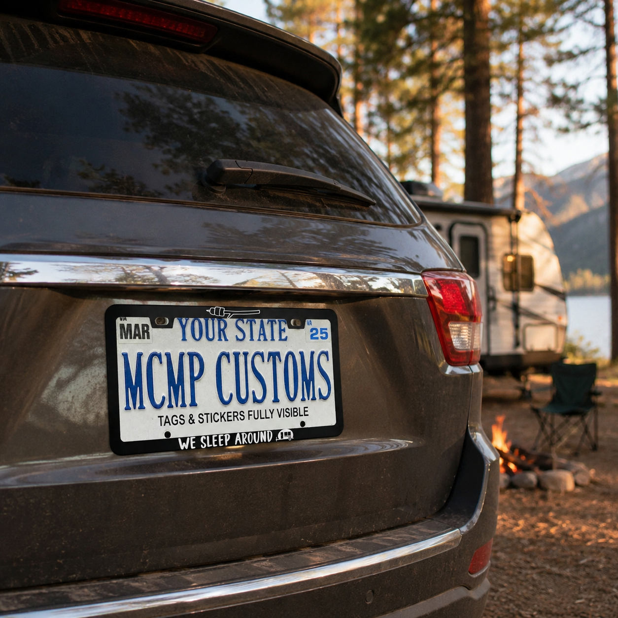 We Sleep Around Outdoor Adventure Aluminum License Plate Frame